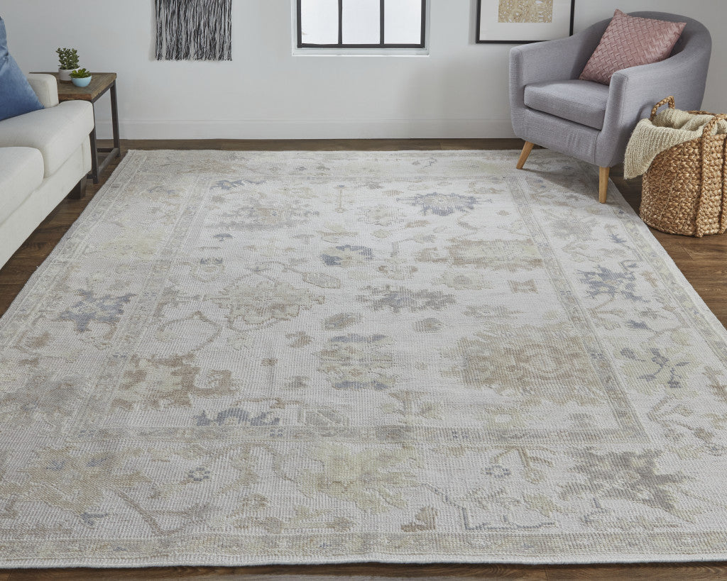 12' X 15' Tan Ivory And Orange Floral Hand Knotted Stain Resistant Area Rug