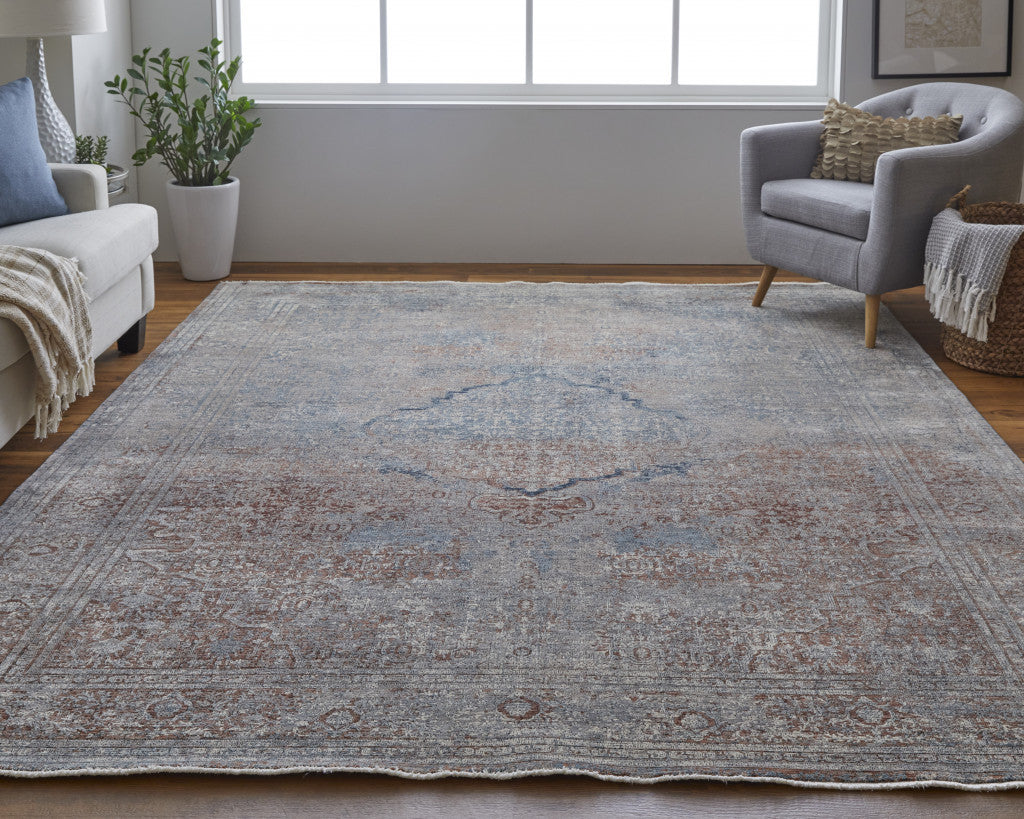 4' X 6' Blue Red And Gray Floral Power Loom Stain Resistant Area Rug