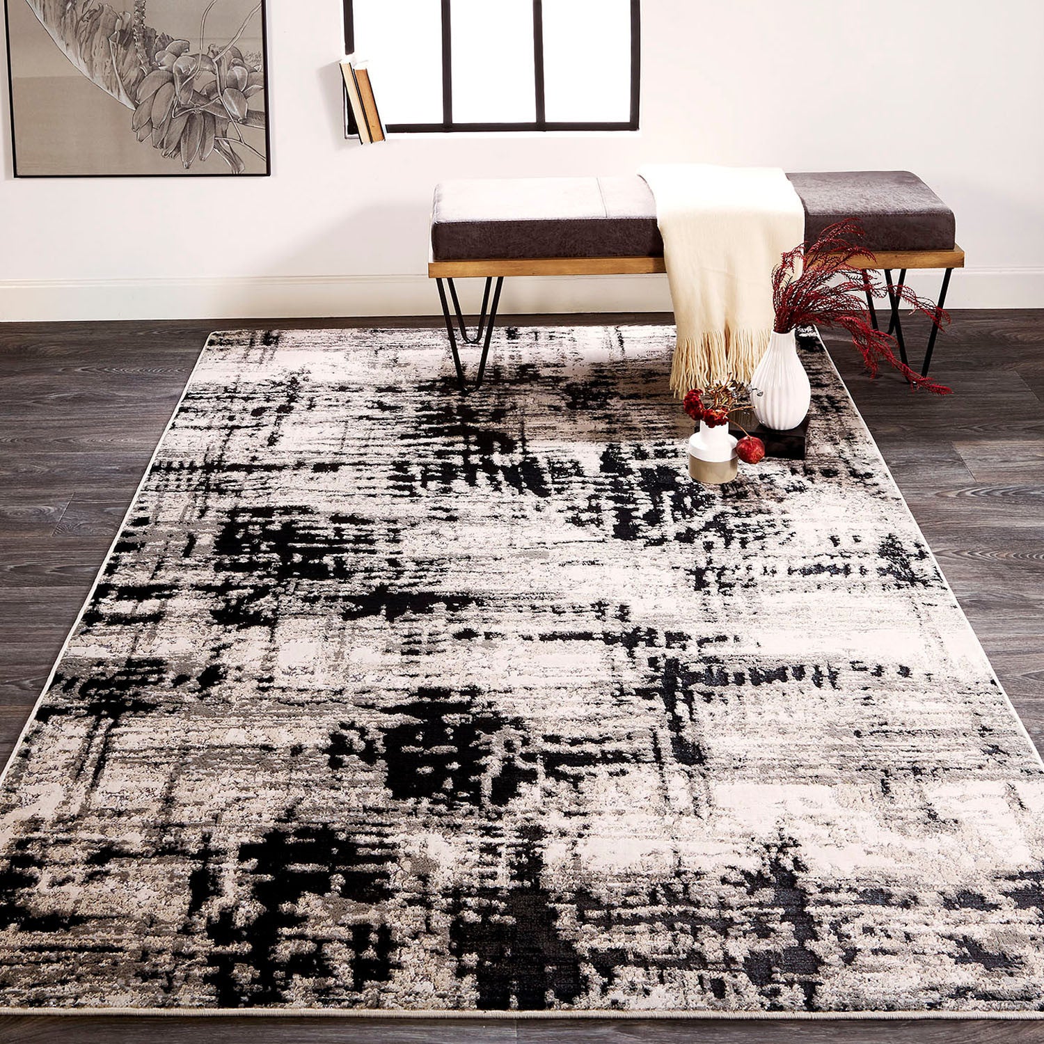 7' X 10' Black White And Gray Stain Resistant Area Rug