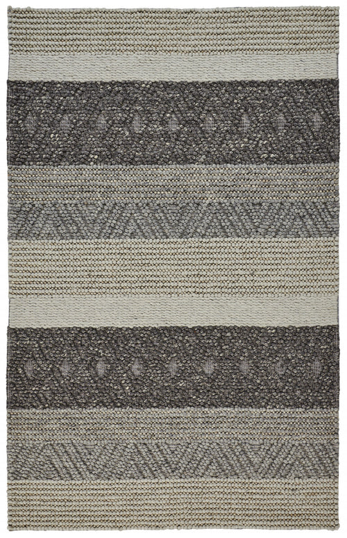 4' X 6' Gray Taupe And Tan Wool Striped Hand Woven Stain Resistant Area Rug