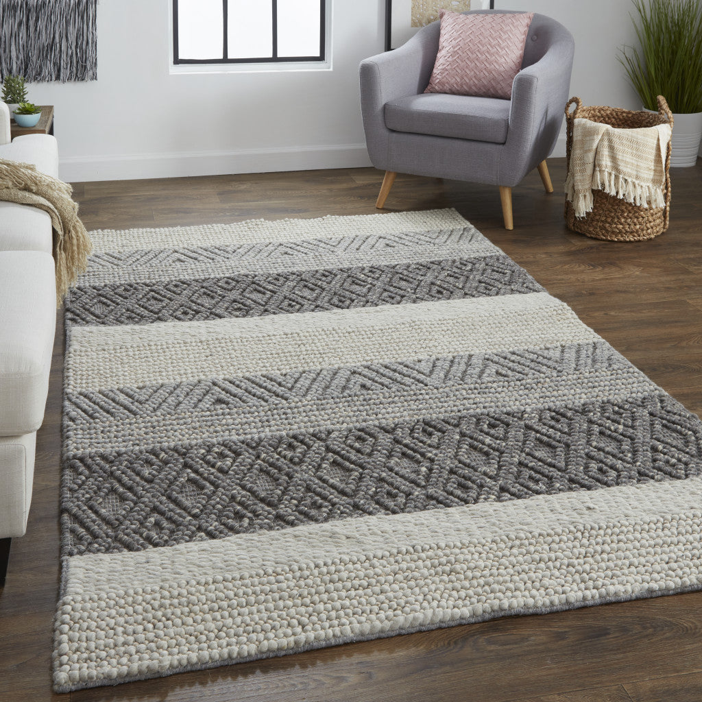 4' X 6' Gray Taupe And Tan Wool Striped Hand Woven Stain Resistant Area Rug