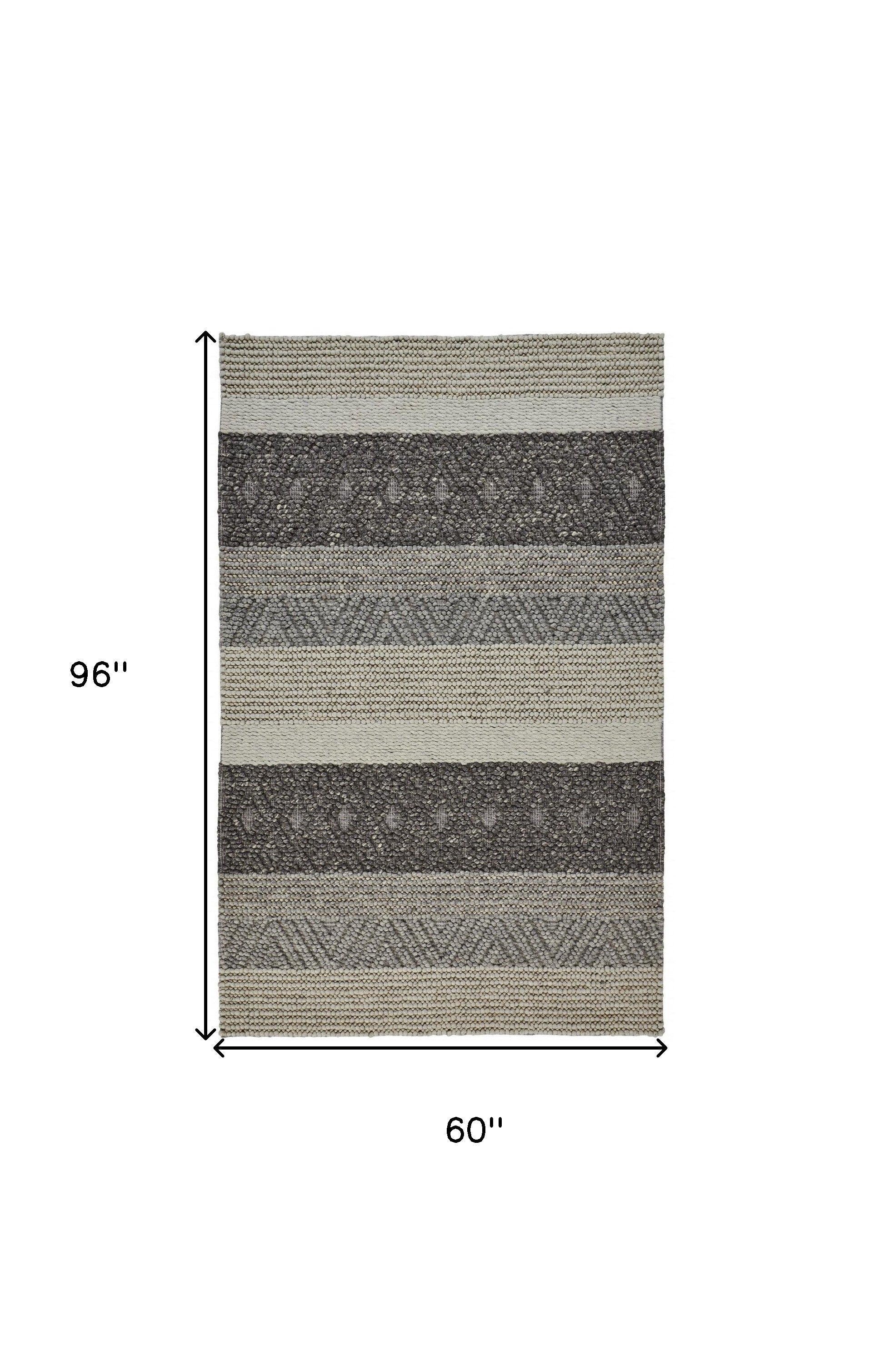 5' X 8' Gray Taupe And Tan Wool Striped Hand Woven Stain Resistant Area Rug