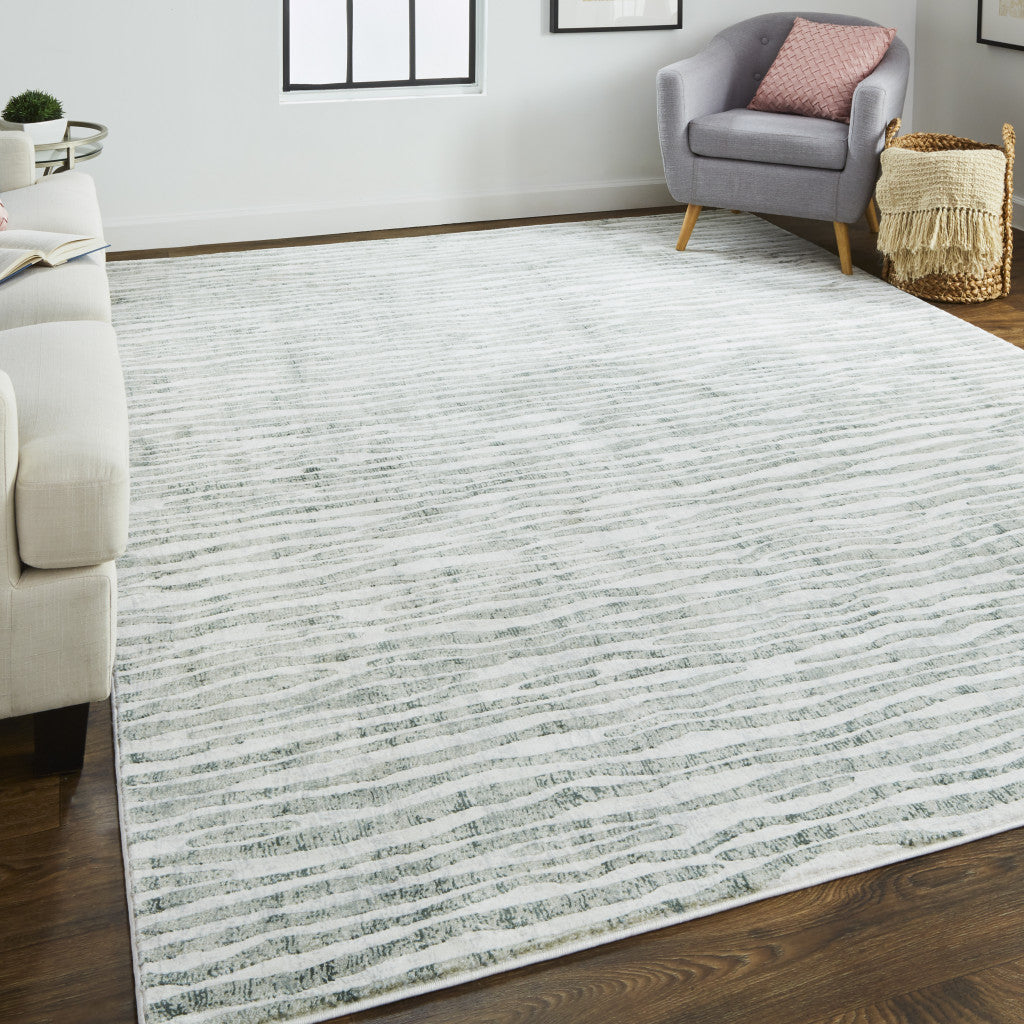 3' X 5' Gray Green And Ivory Striped Distressed Stain Resistant Area Rug