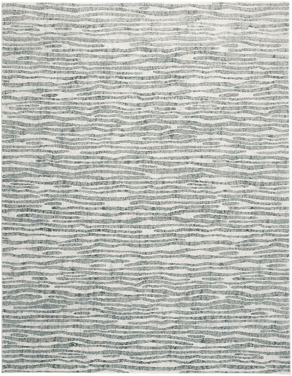 5' X 8' Gray Green And Ivory Striped Distressed Stain Resistant Area Rug