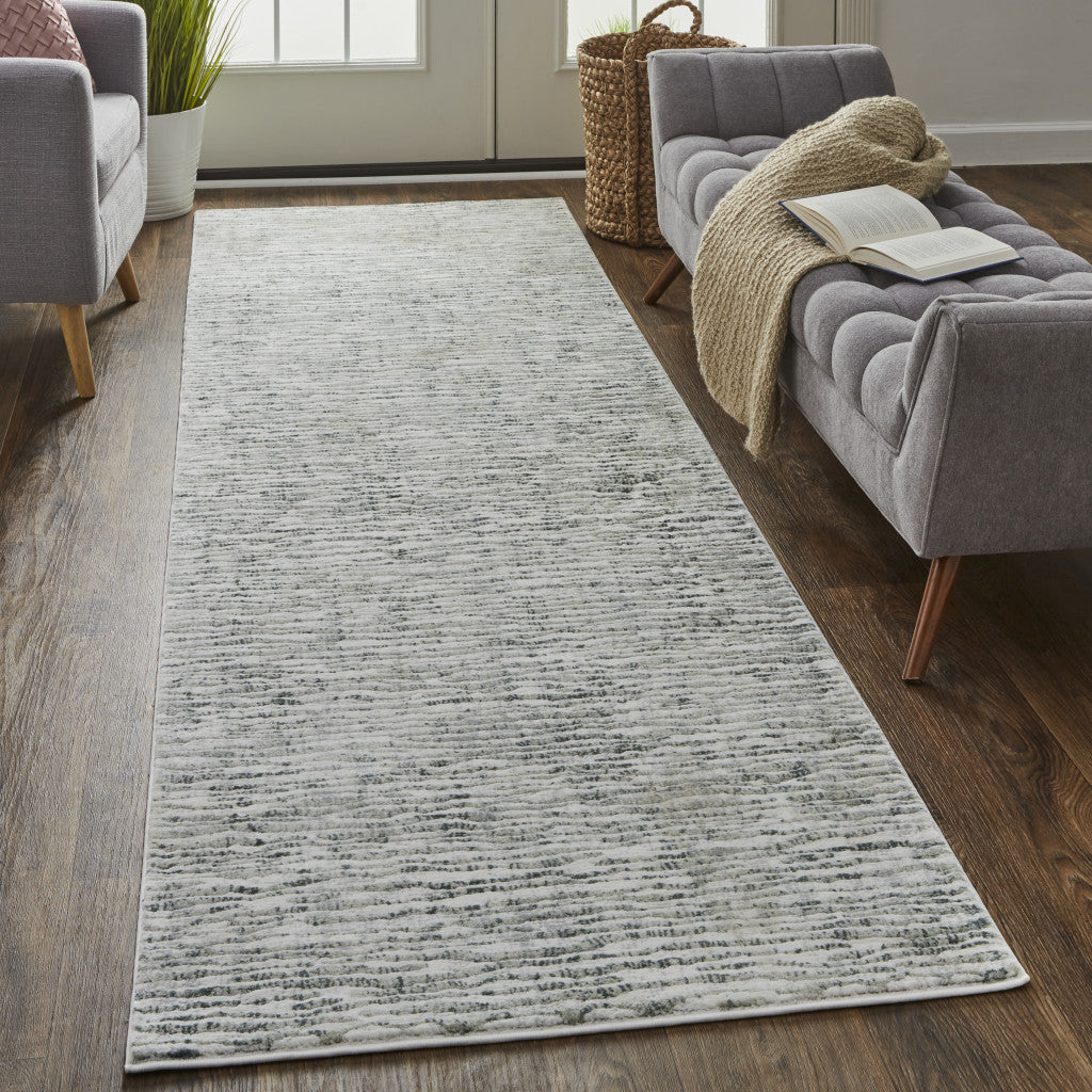 8' Gray Green And Ivory Striped Distressed Stain Resistant Runner Rug