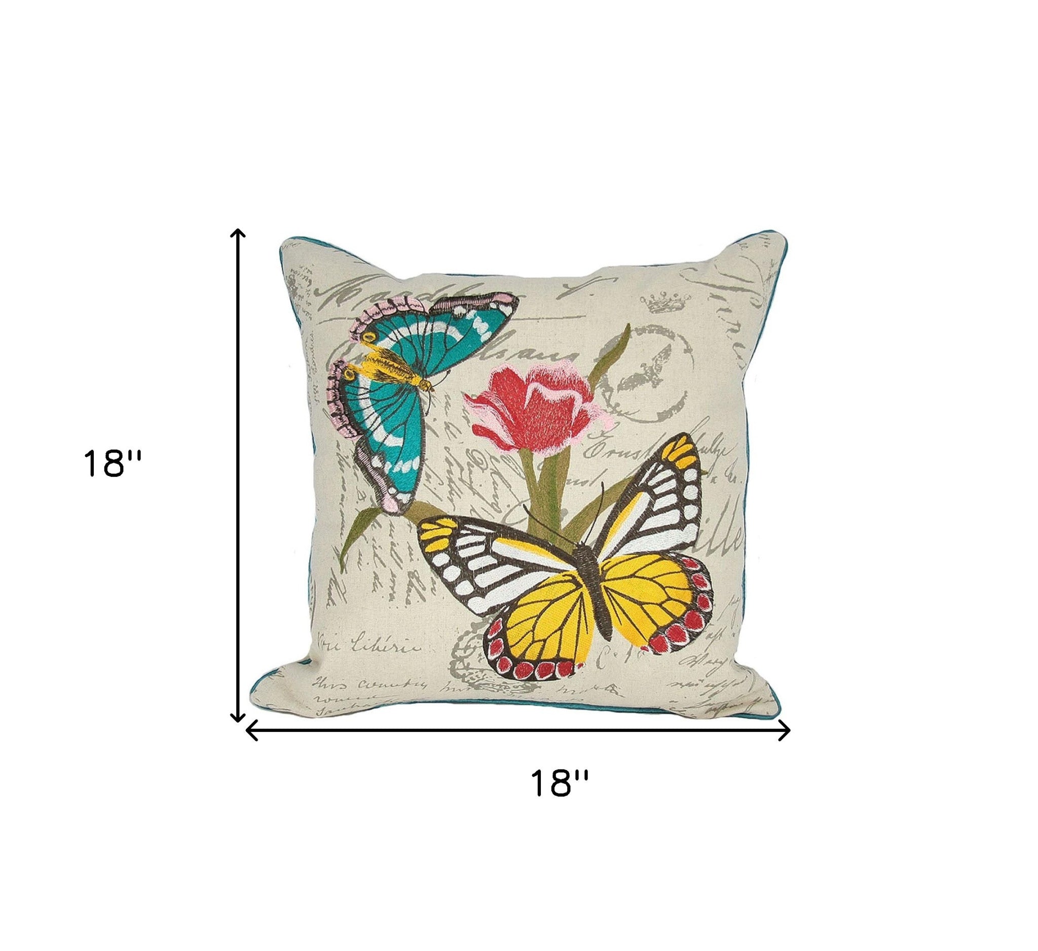 18"x18" Beige and Aqua Butterfly Linen Blend Floral Zippered Pillow