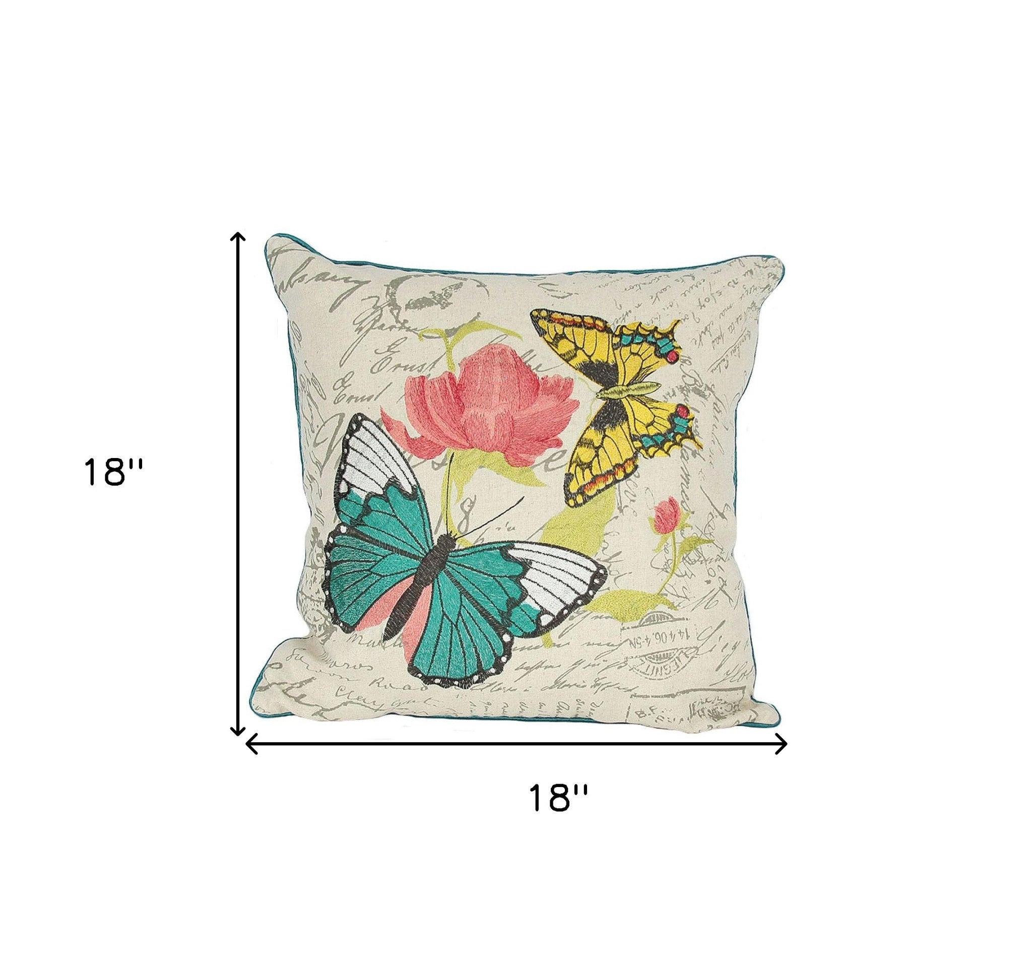 18"x18" Beige and Aqua Butterfly Linen Blend Floral Zippered Pillow