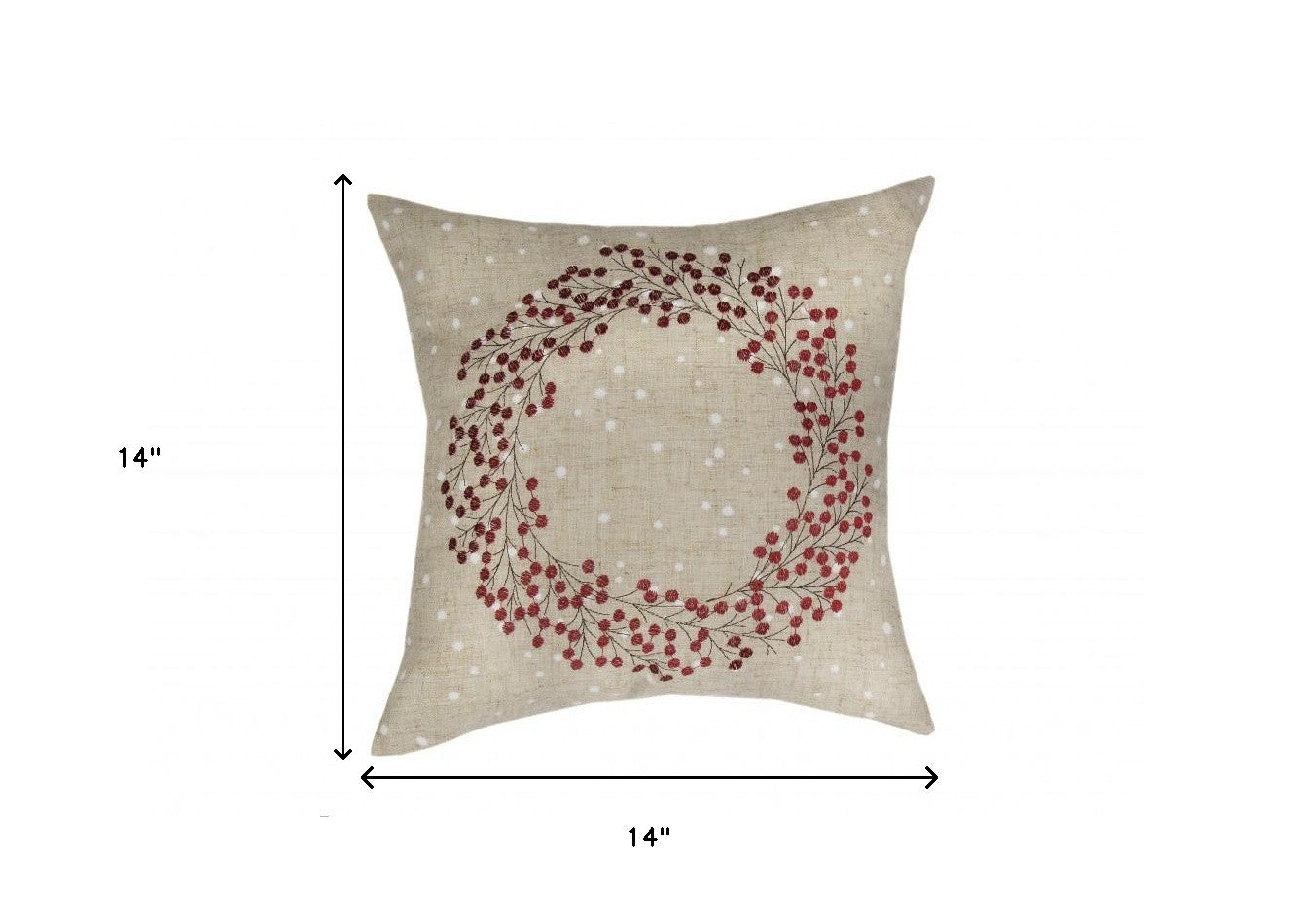 14" X 14" Beige and Red Christmas Wreath Linen Blend Zippered Pillow With Embroidery