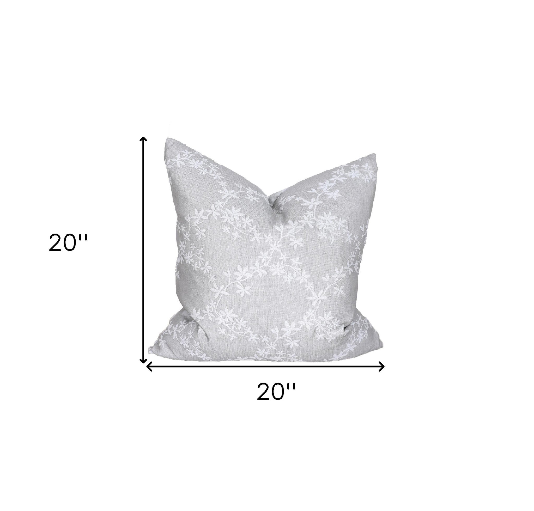 20" X 20" Gray and White Floral Polyester Zippered Pillow