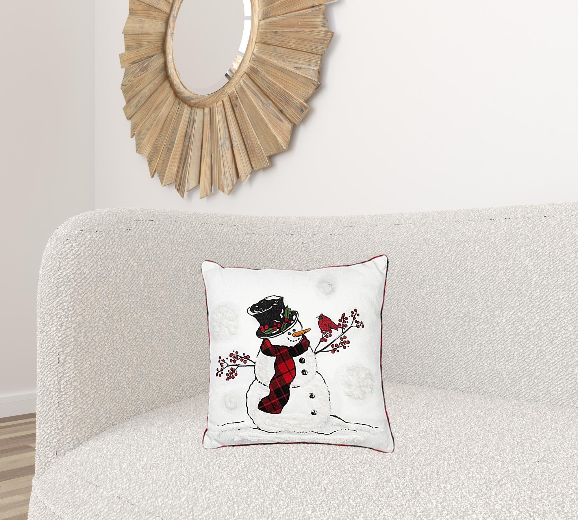 18" X 18" White and Red Christmas Snowman Polyester Zippered Pillow With Embroidery