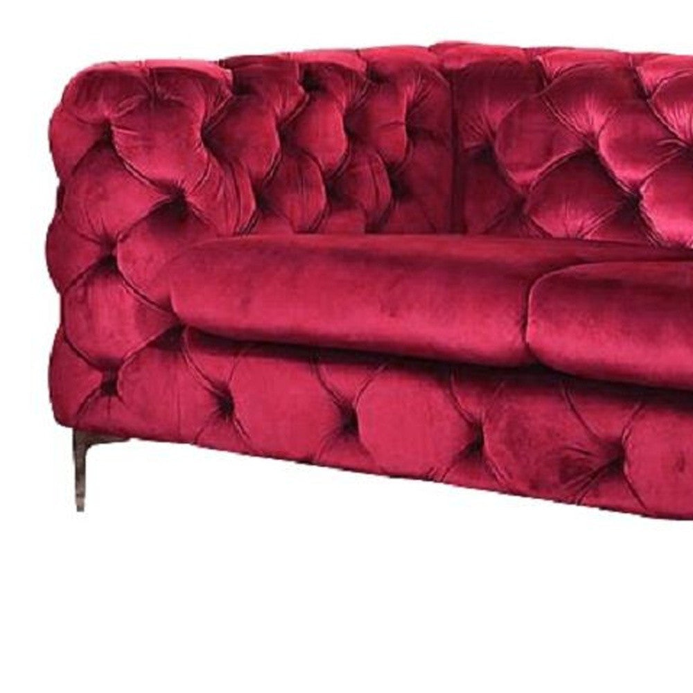 75" Red And Silver Velvet Love Seat