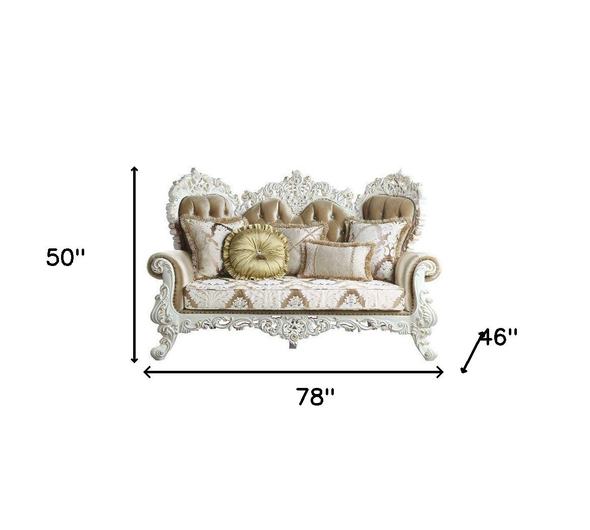 78" Brown And White Love Seat And Toss Pillows