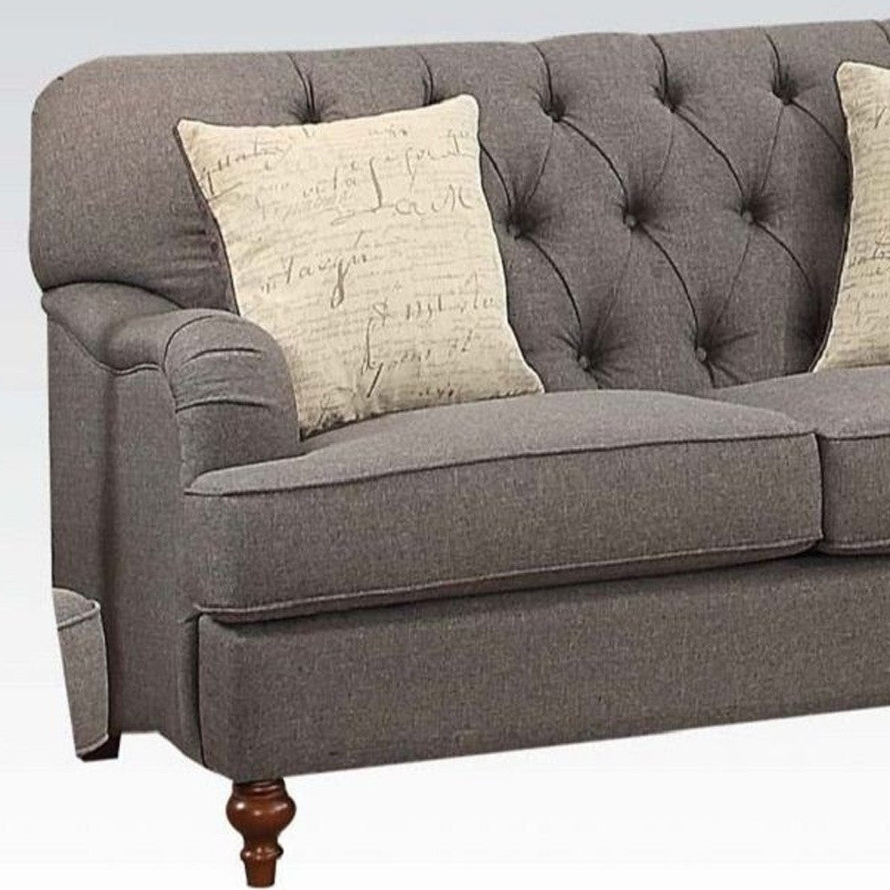 61" Dark Gray And Brown Linen Curved Love Seat And Toss Pillows