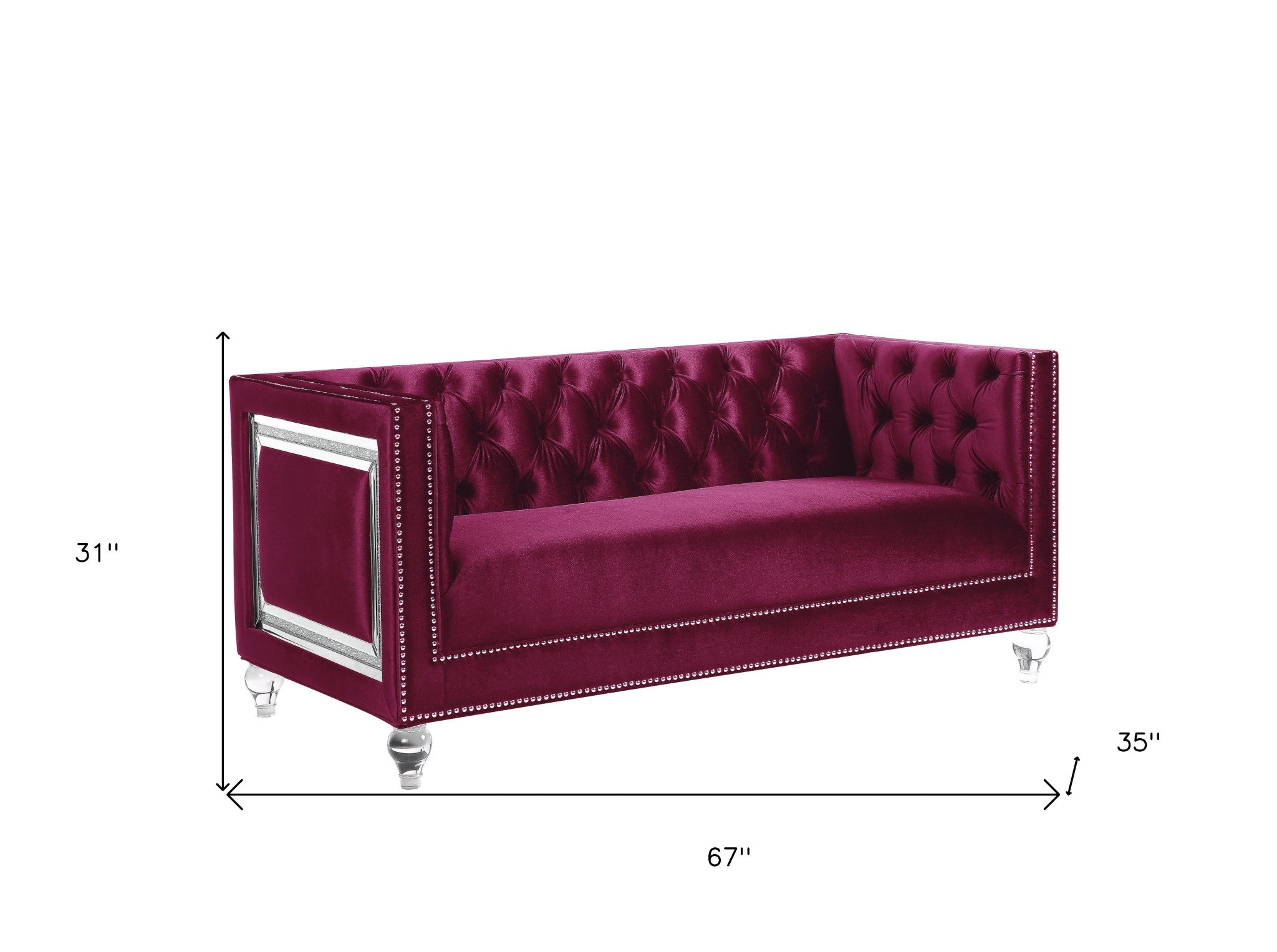 67" Burgundy And Silver Velvet Love Seat And Toss Pillows