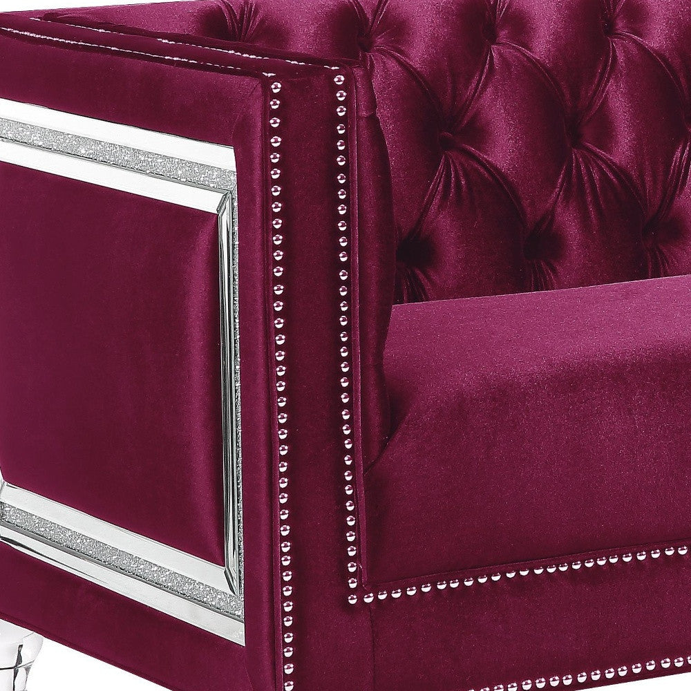 67" Burgundy And Silver Velvet Love Seat And Toss Pillows