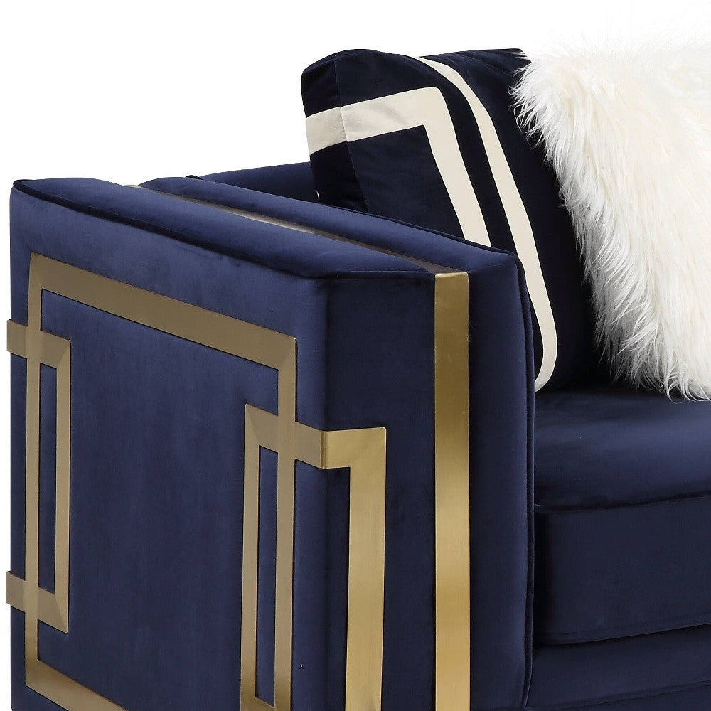 80" Blue And Gold Velvet Love Seat And Toss Pillows