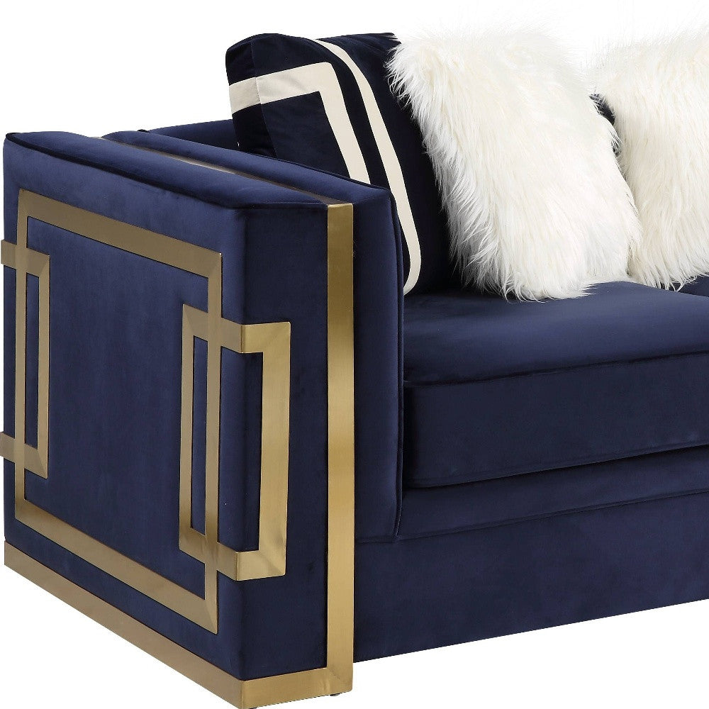 80" Blue And Gold Velvet Love Seat And Toss Pillows