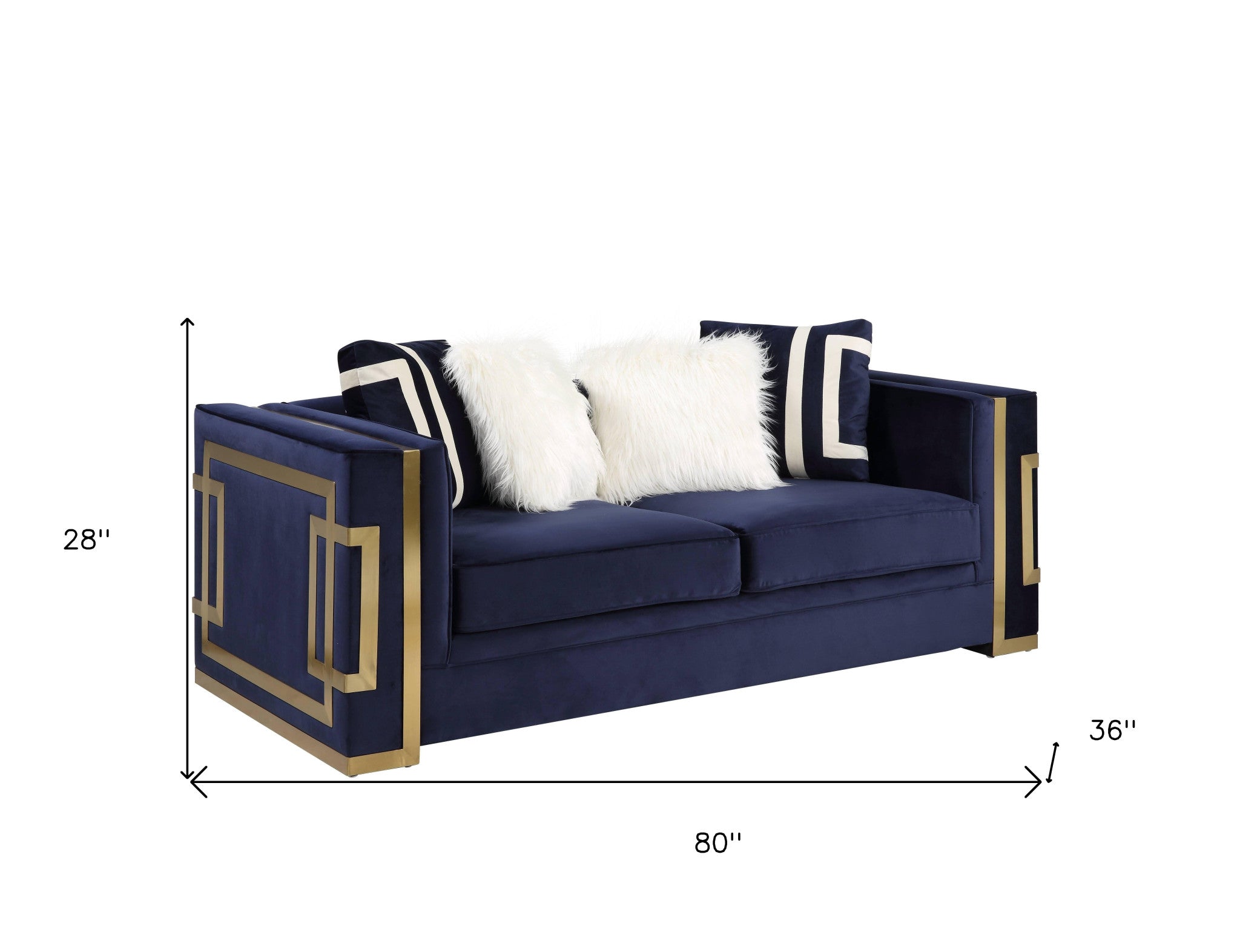 80" Blue And Gold Velvet Love Seat And Toss Pillows