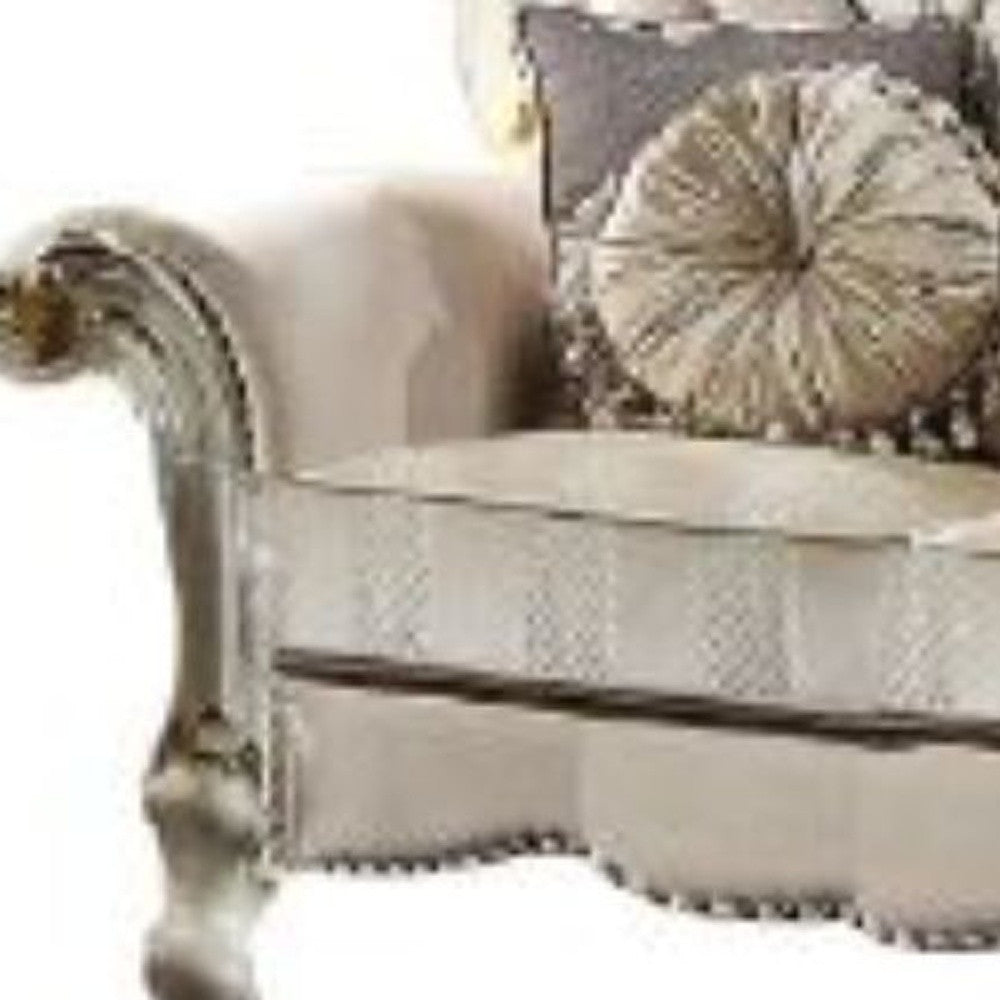 70" Gold And Pearl Velvet Love Seat And Toss Pillows