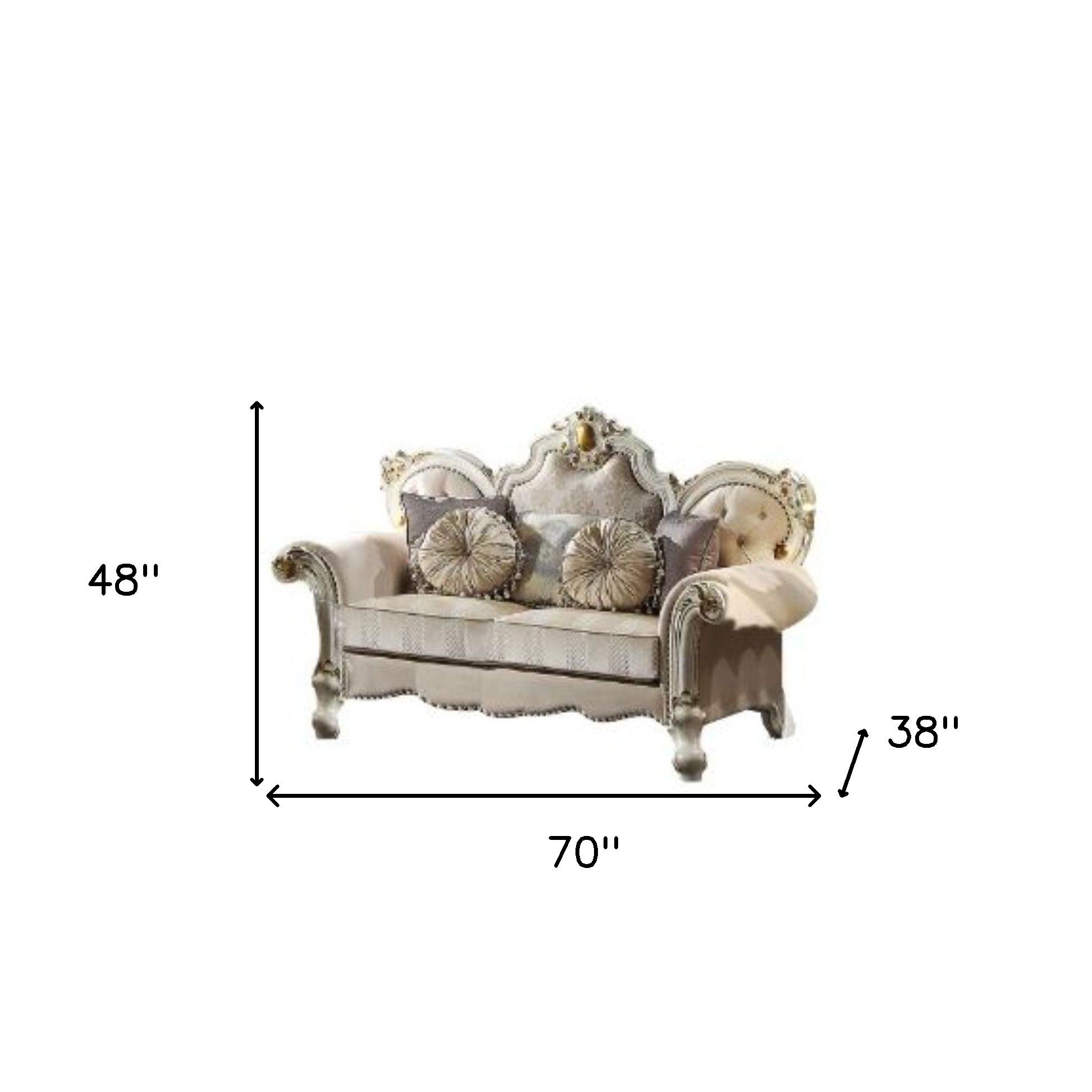 70" Gold And Pearl Velvet Love Seat And Toss Pillows