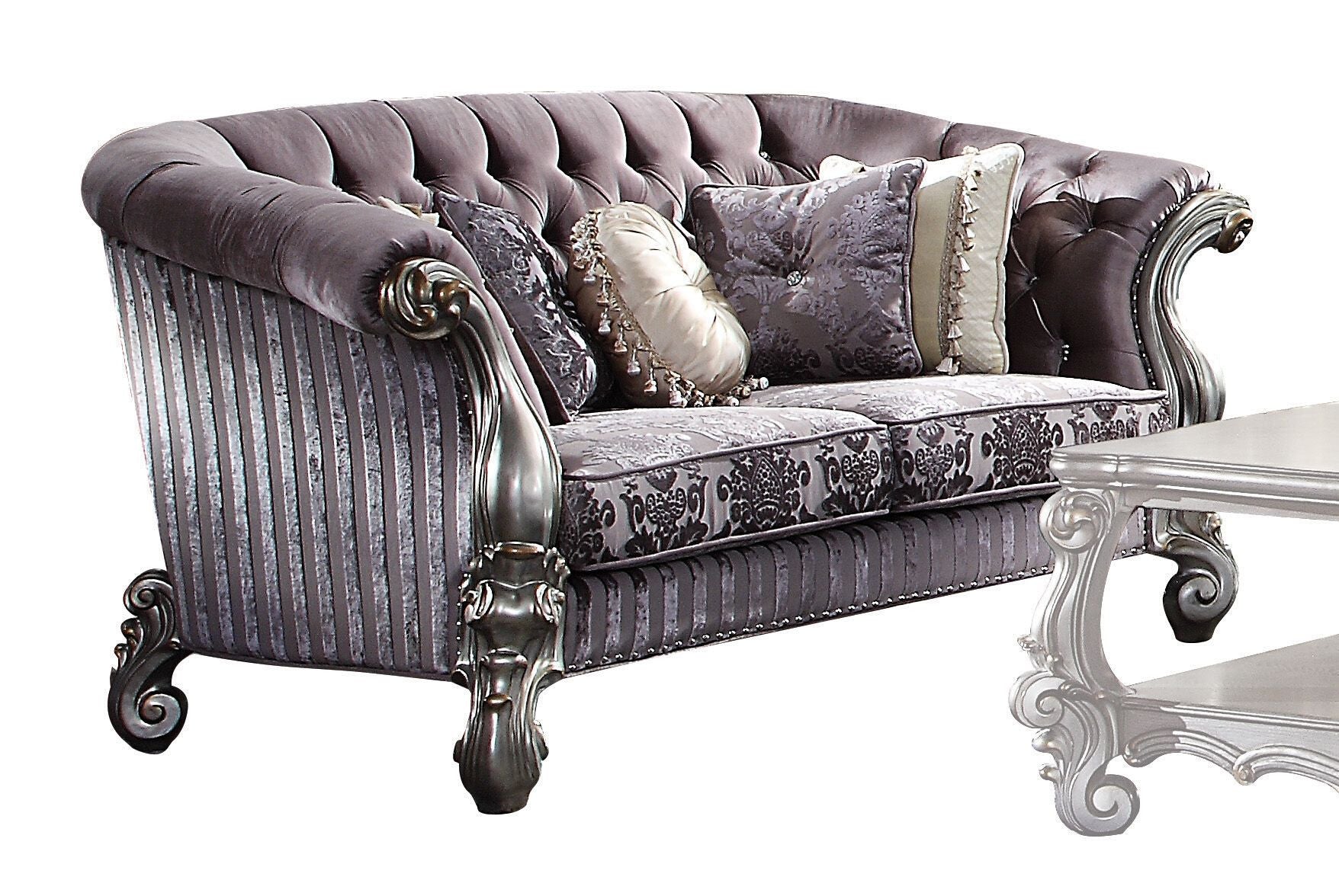 76" Purple And Platinum Velvet Love Seat And Toss Pillows