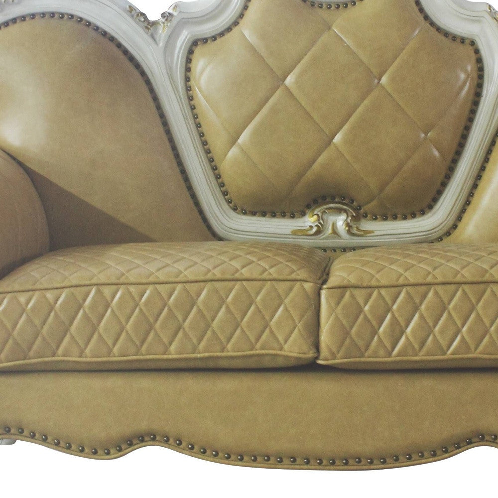 70" Butterscotch And Pearl Faux Leather Love Seat And Toss Pillows