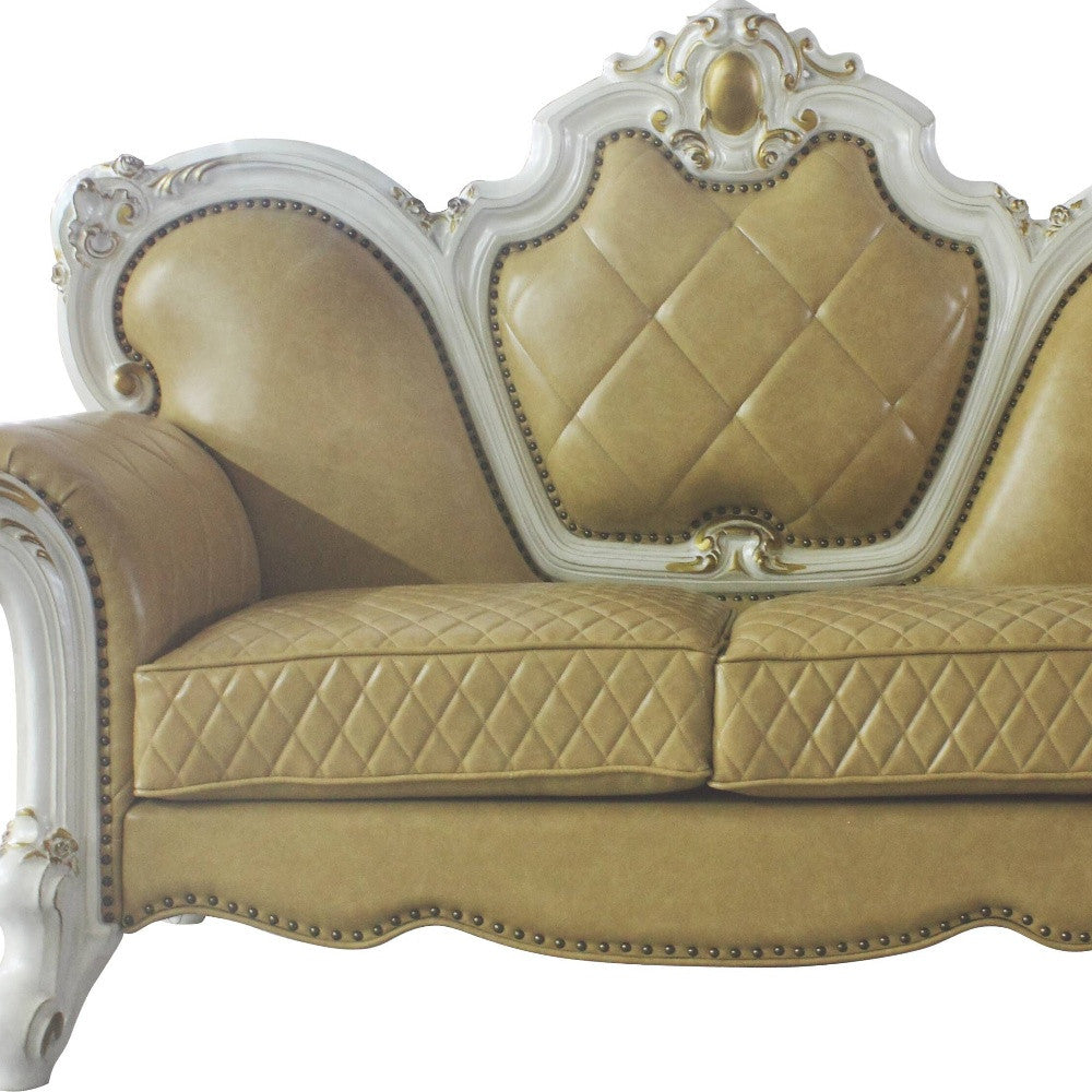 70" Butterscotch And Pearl Faux Leather Love Seat And Toss Pillows