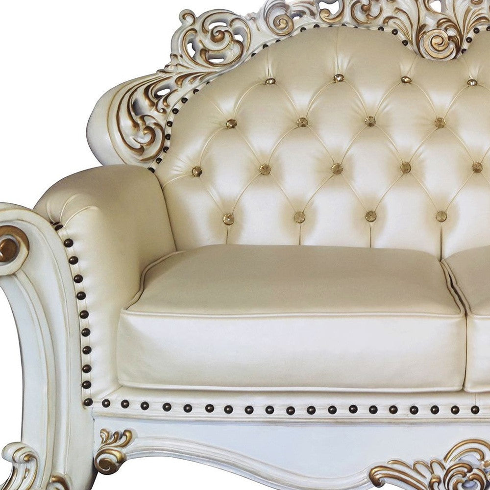 70" Champagne And Pearl Faux Leather Love Seat And Toss Pillows