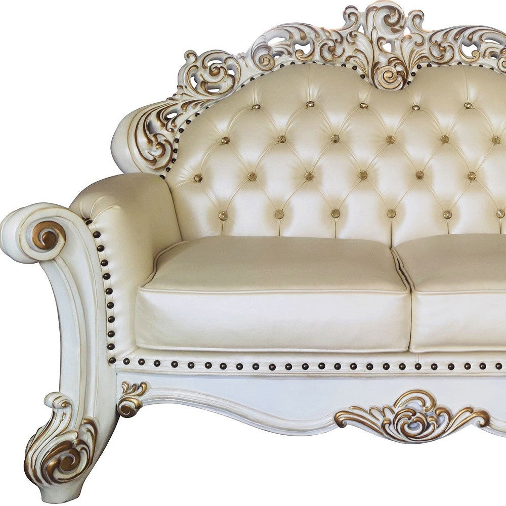 70" Champagne And Pearl Faux Leather Love Seat And Toss Pillows