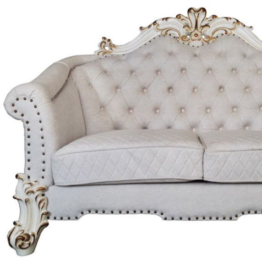 66" Two Tone Ivory And Pearl Velvet Love Seat And Toss Pillows