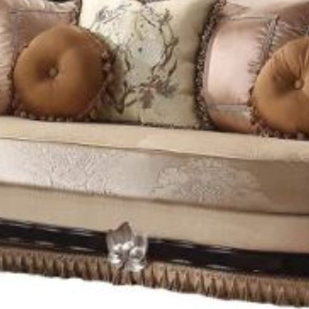 75" Tan Velvet Velvet Curved Love Seat And Toss Pillows