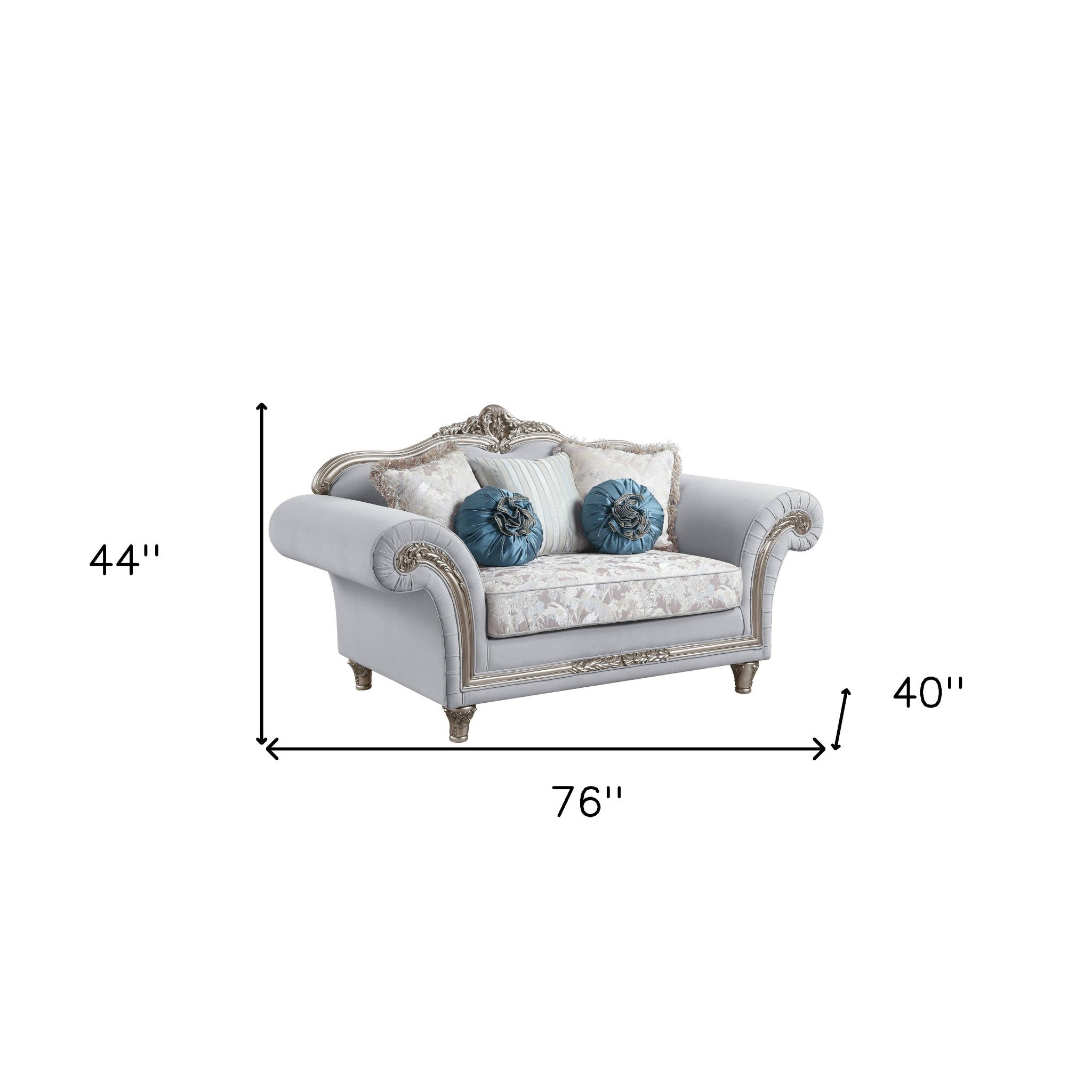 76" Light Gray And Platinum Linen Love Seat And Toss Pillows