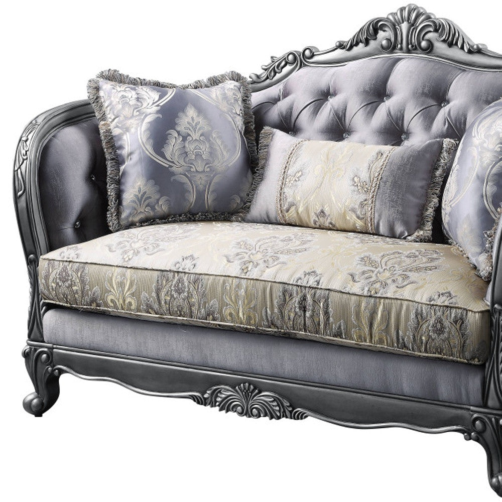 65" Gray Silver And Platinum Silk Blend Love Seat And Toss Pillows