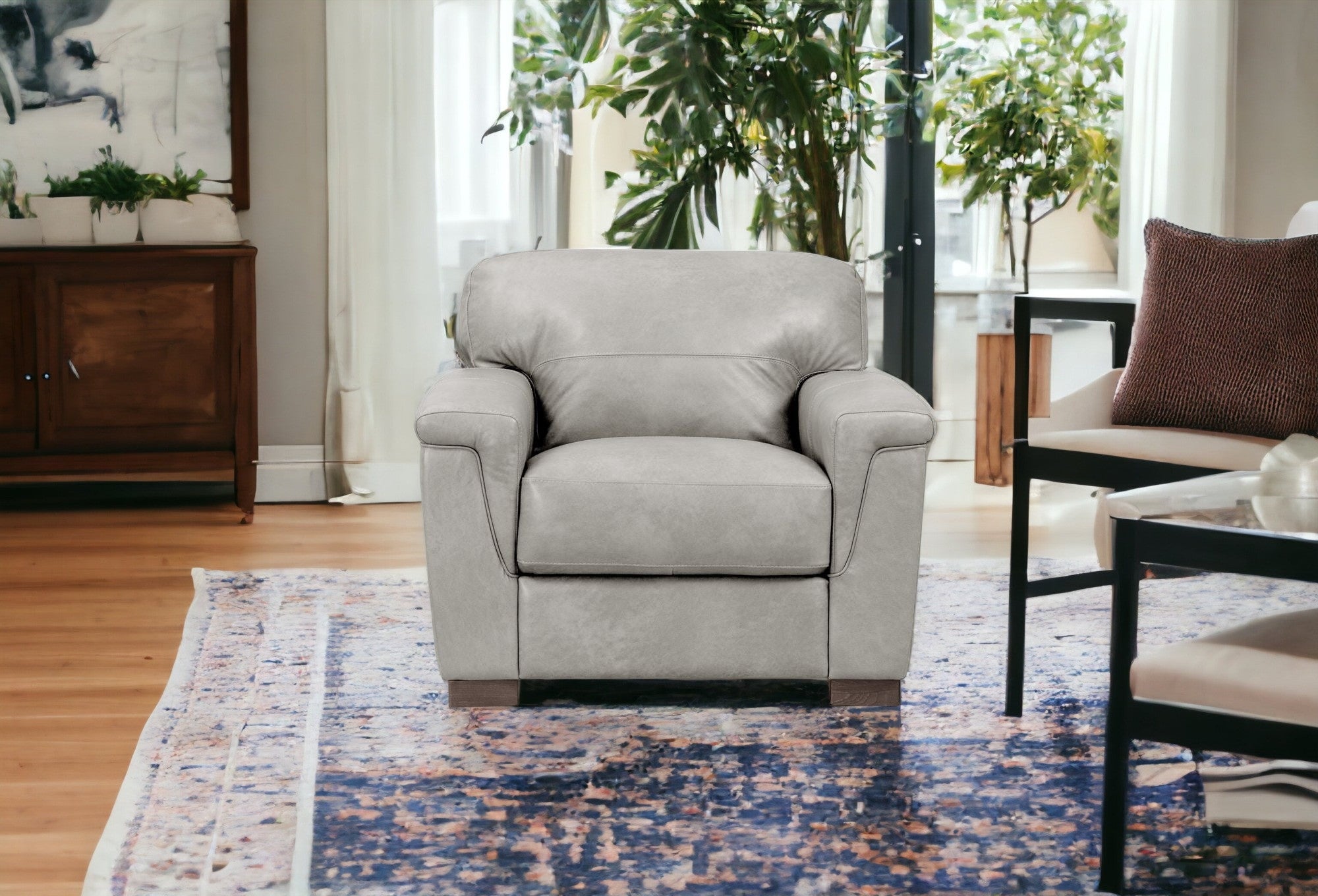 43" Gray and Brown Genuine Leather Arm Chair