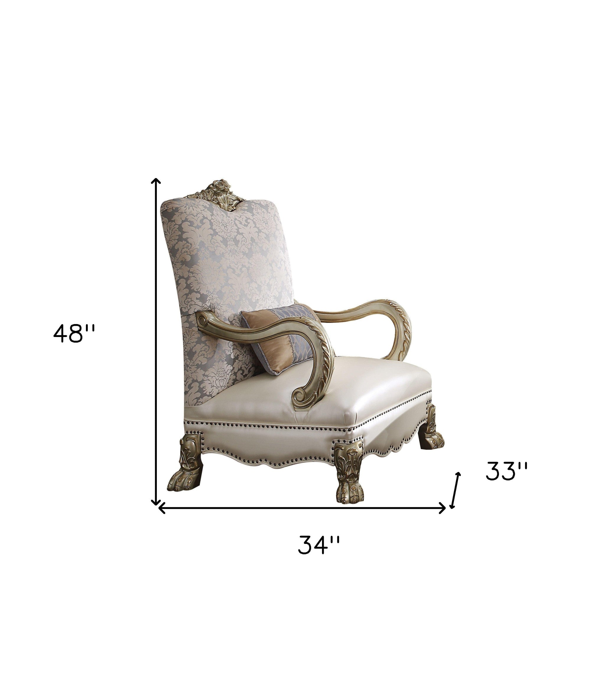 34" Pearl and Gold Faux Leather Damask Arm Chair