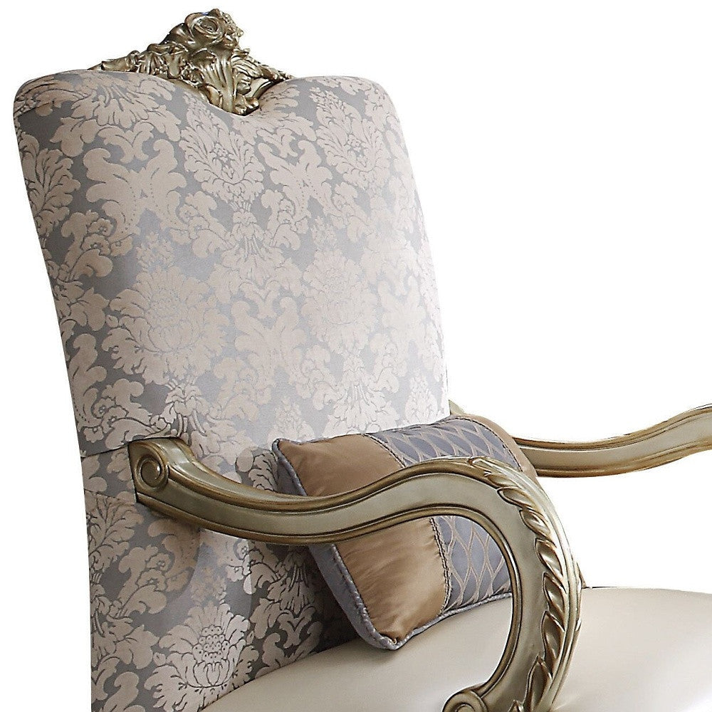 34" Pearl and Gold Faux Leather Damask Arm Chair