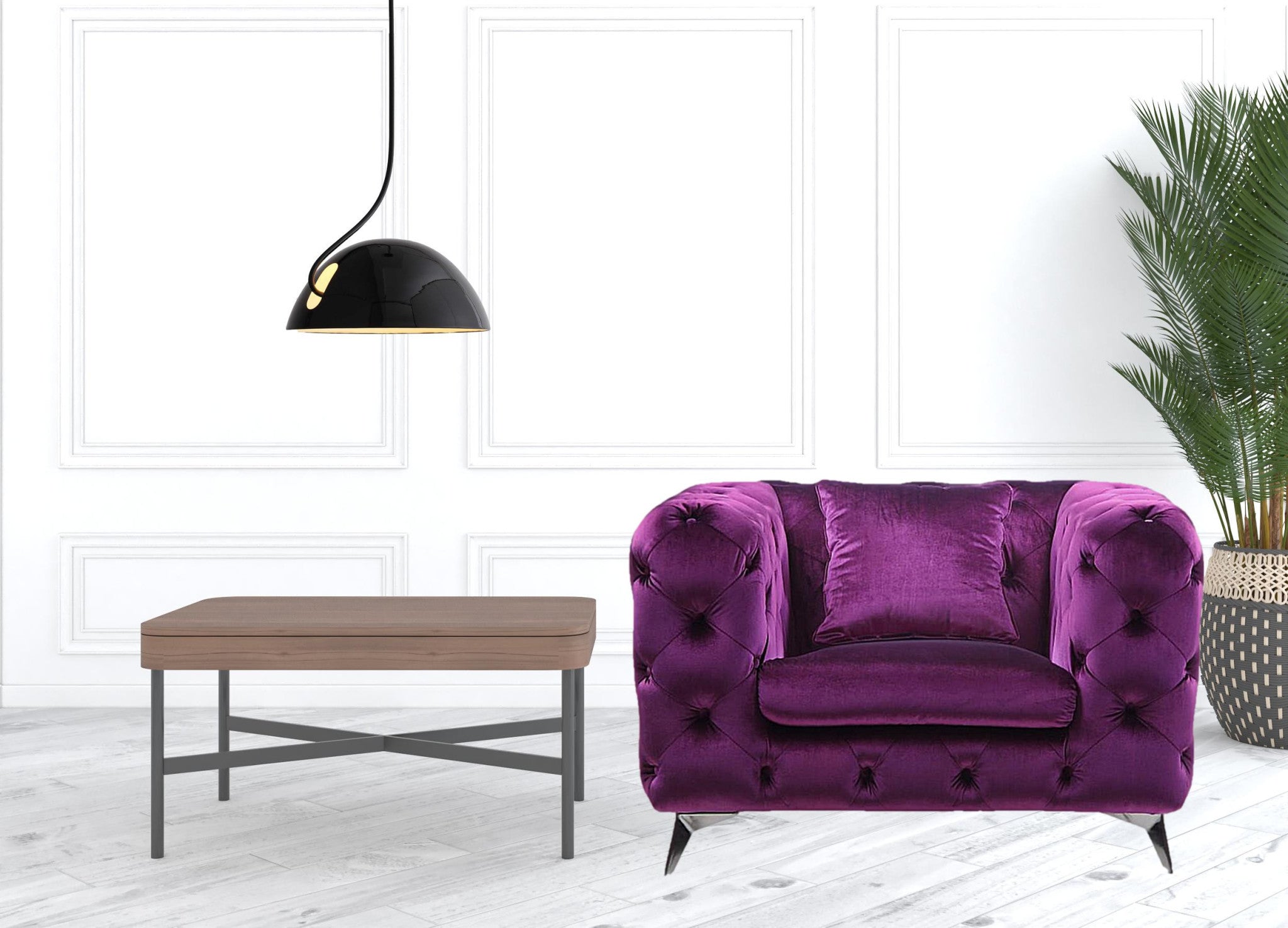 41" Purple Fabric And Black Tufted Arm Chair