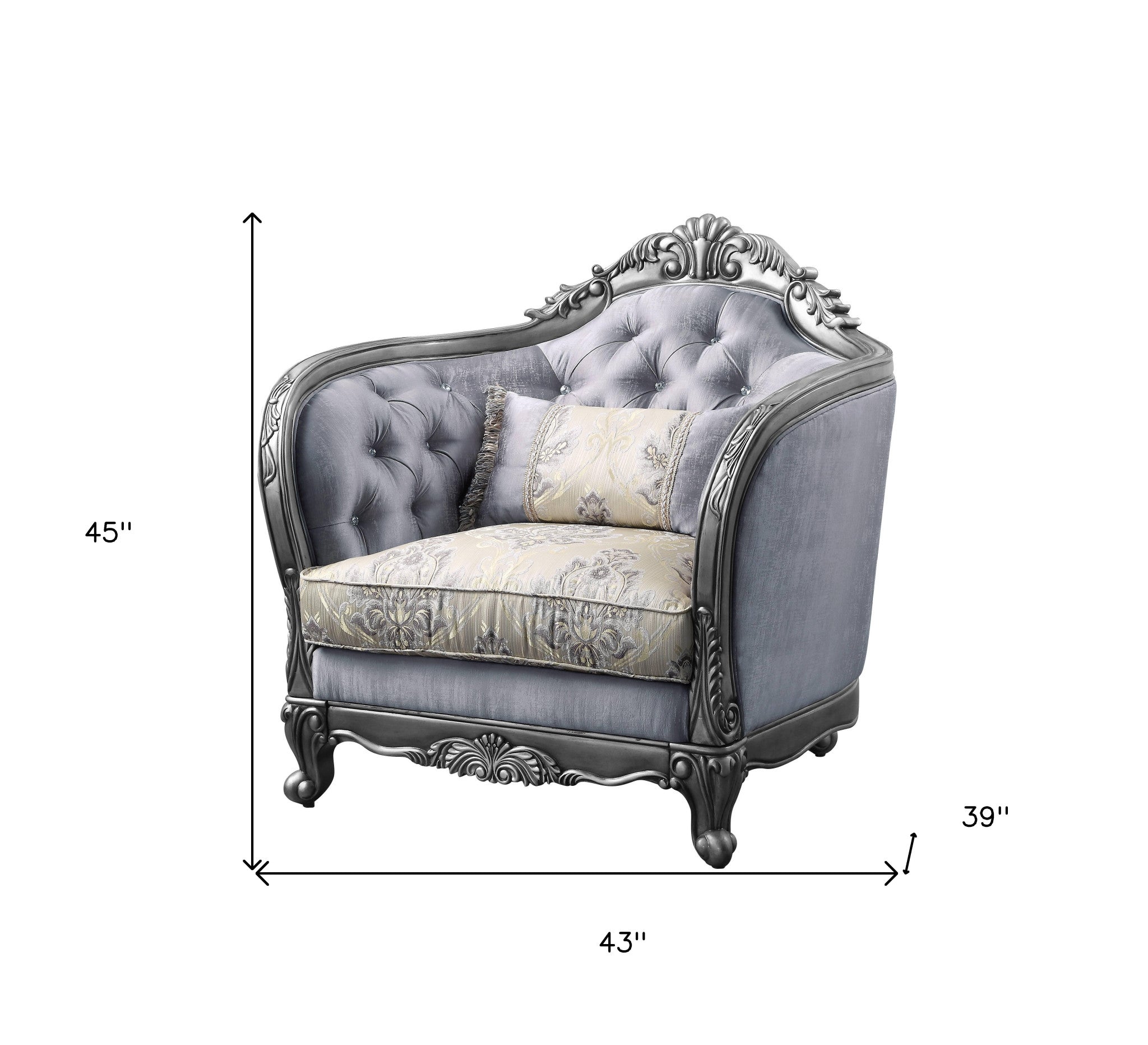 43" Light Gray Fabric And Platinum Floral Tufted Arm Chair