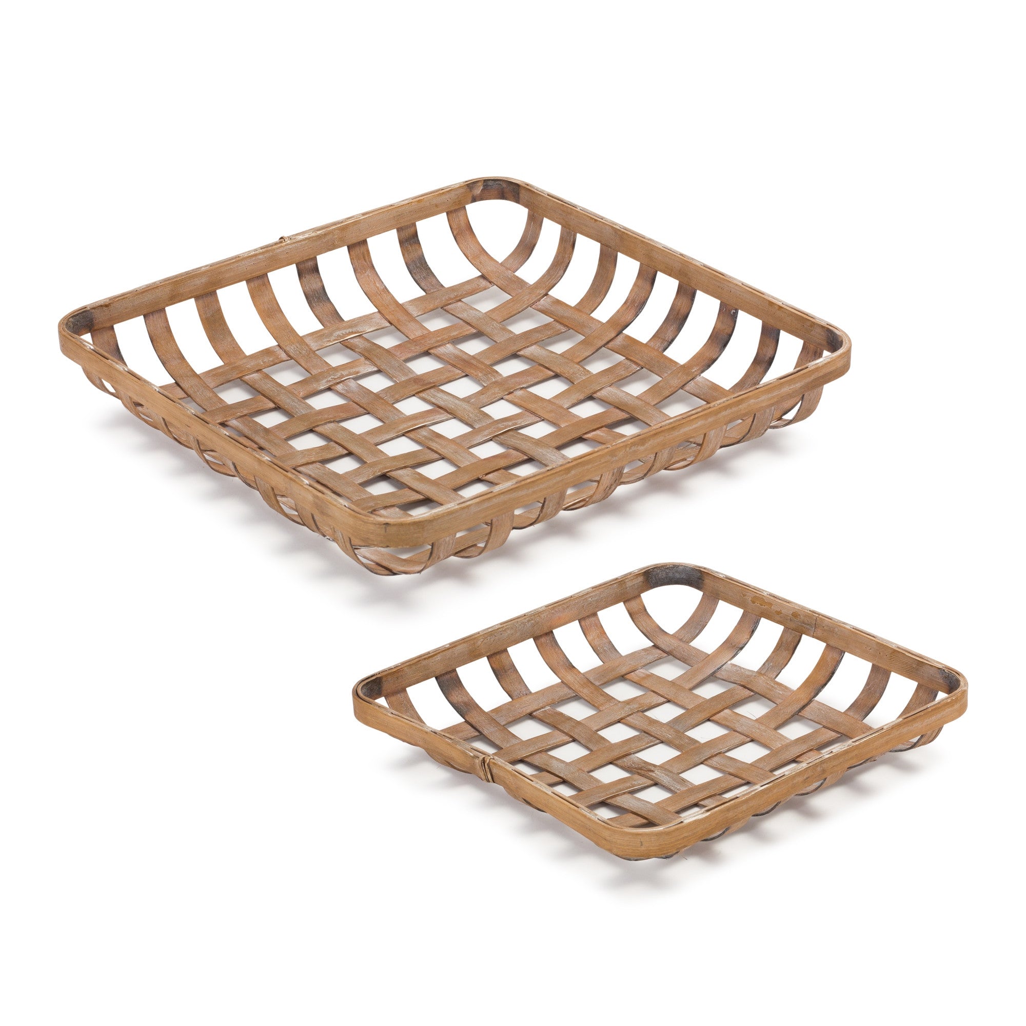 Set Of Two Brown Square Bamboo Basket Trays