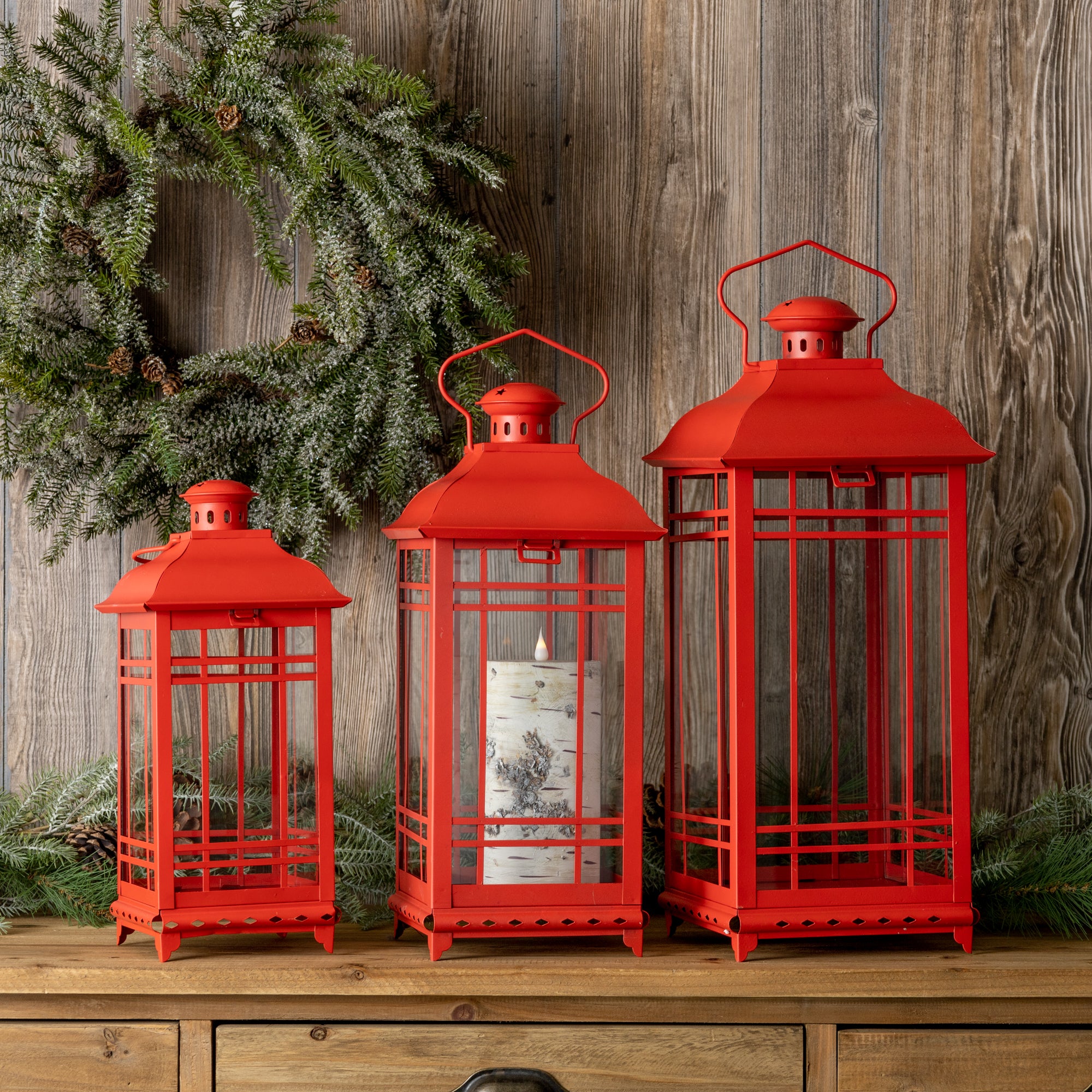 Set Of Three Red Flameless Floor Lantern Candle Holder