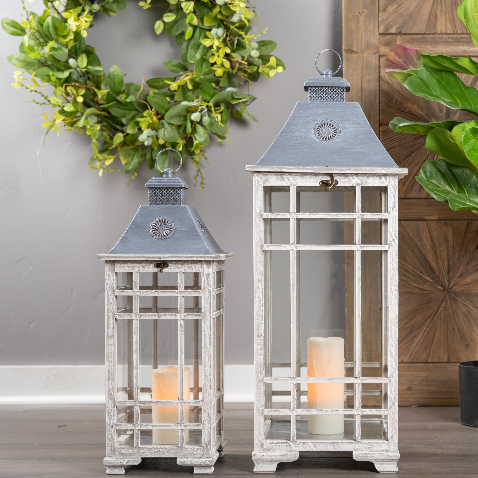 Set Of Two Gray Flameless Floor Lantern Candle Holders