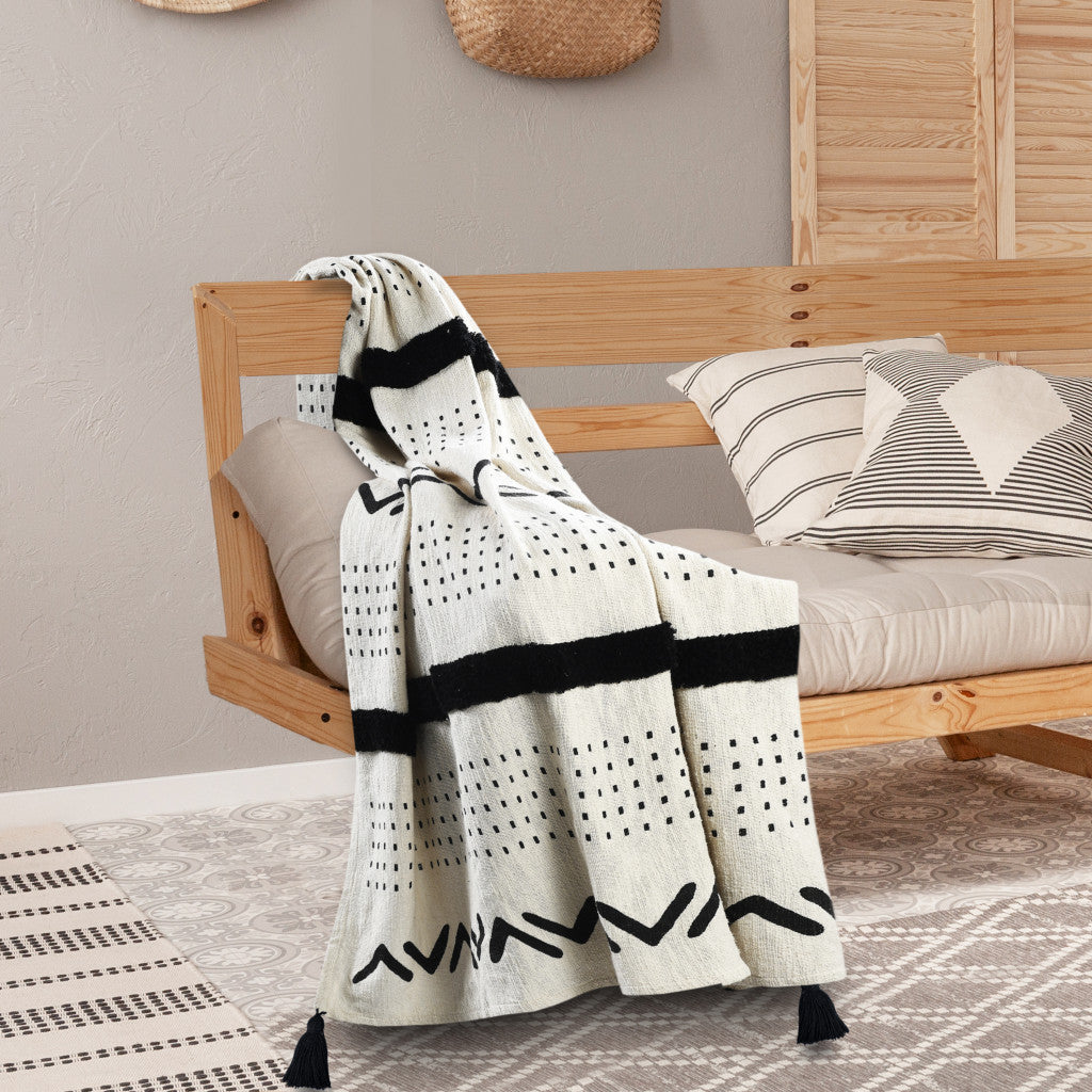 Black and White Woven Cotton Striped Throw Blanket