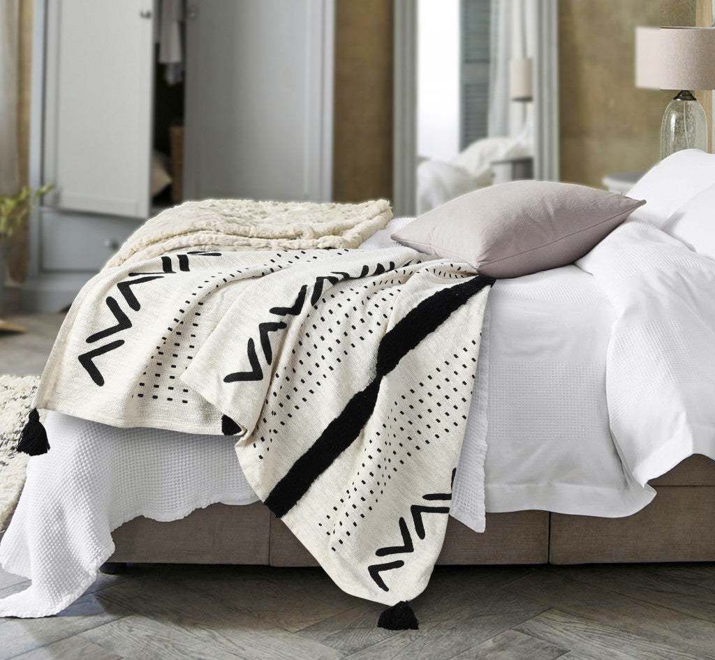 Black and White Woven Cotton Striped Throw Blanket