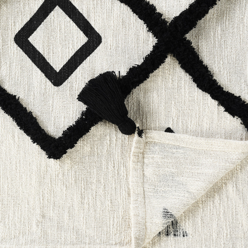 Black and White Woven Cotton Geometric Throw Blanket