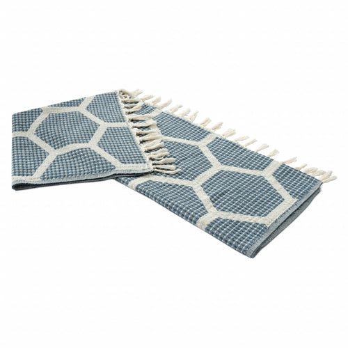 Blue and Off White Woven Cotton Geometric Throw Blanket