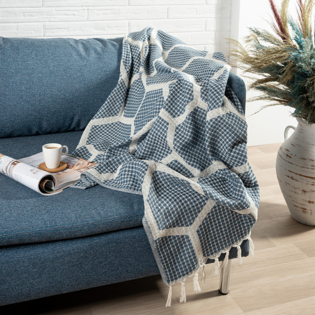 Blue and Off White Woven Cotton Geometric Throw Blanket