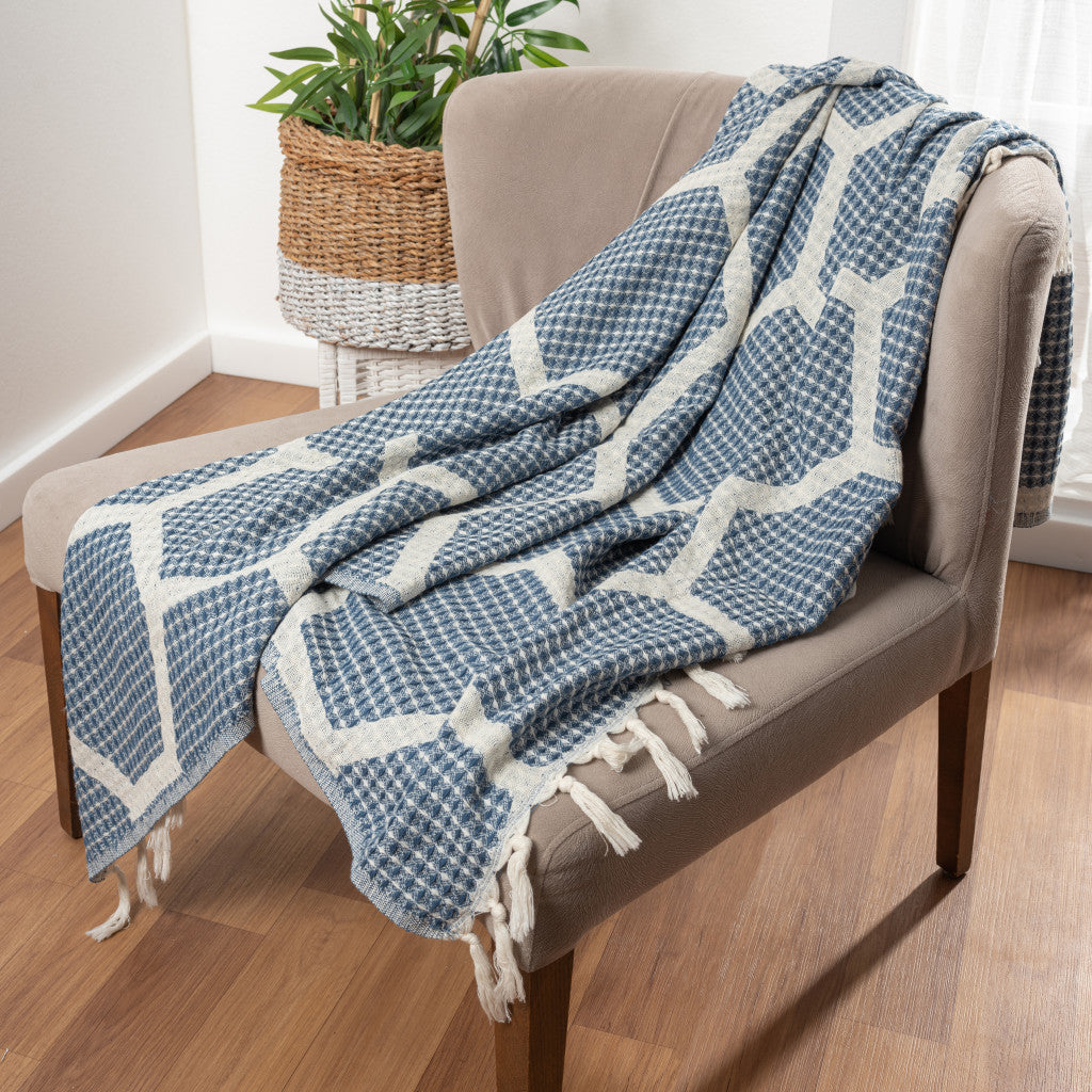 Blue and Off White Woven Cotton Geometric Throw Blanket