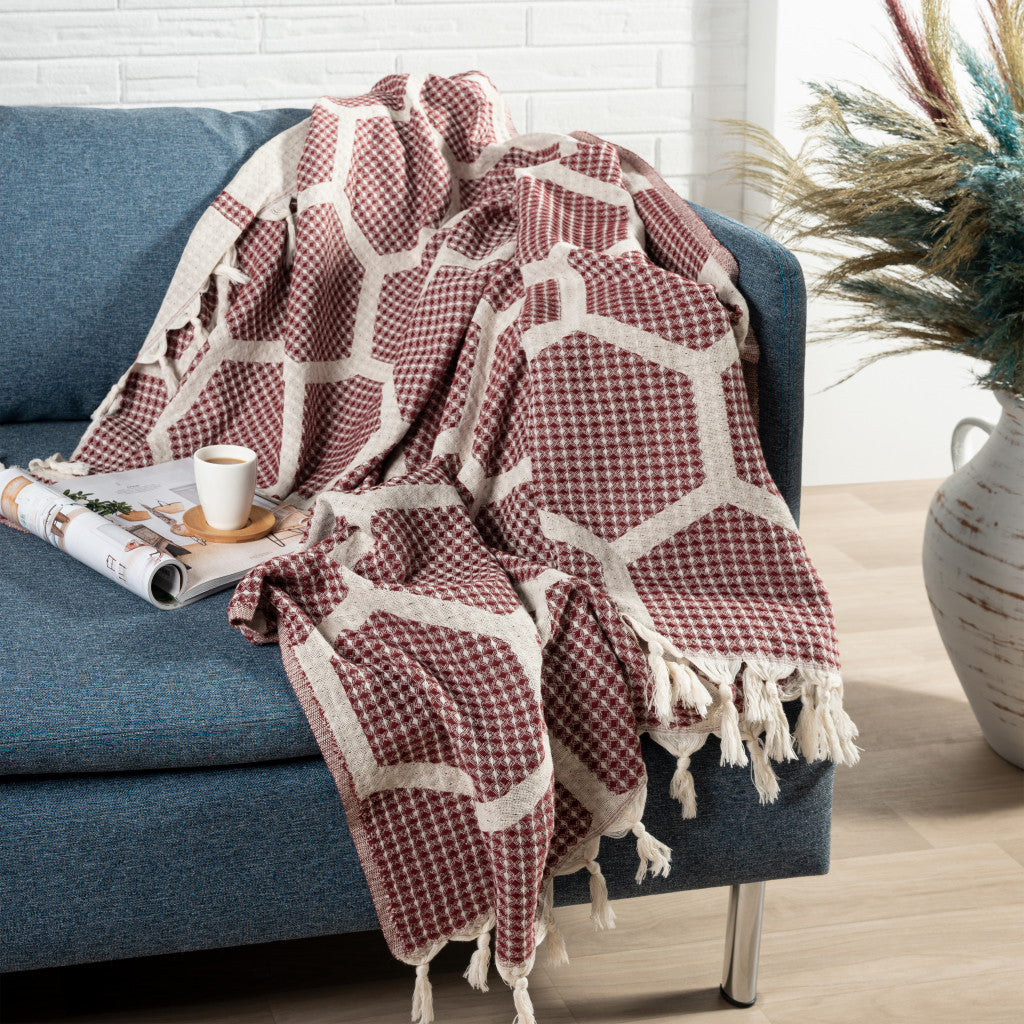 Red Woven Cotton Geometric Throw Blanket