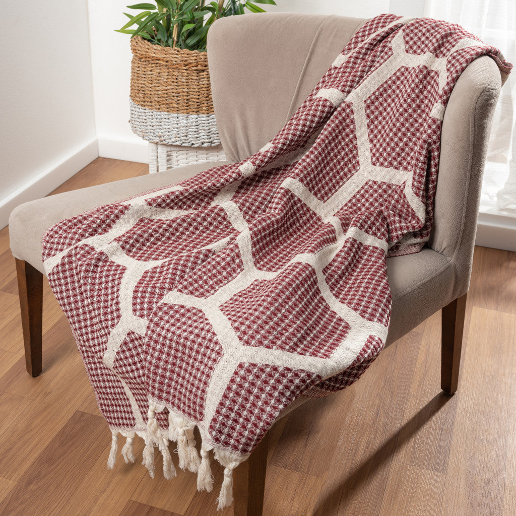 Red Woven Cotton Geometric Throw Blanket