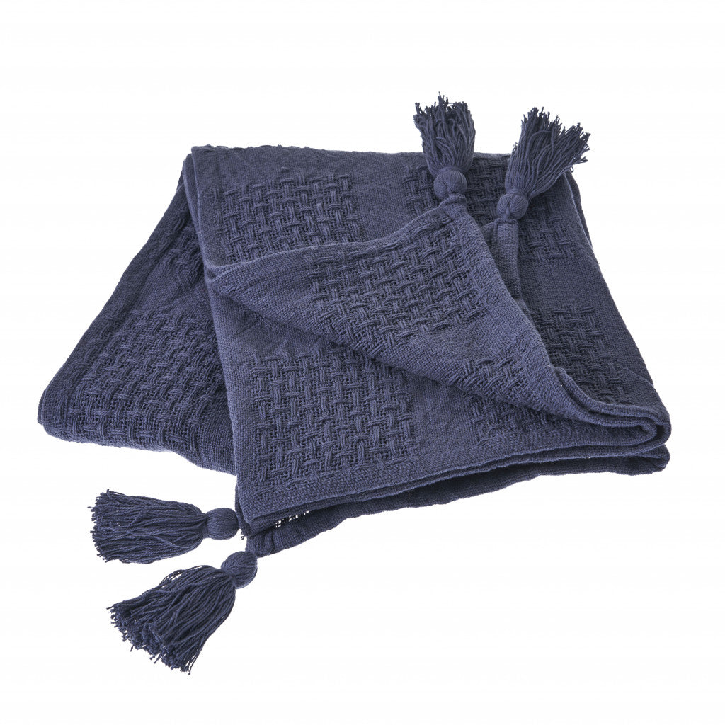 Blue Woven Cotton Solid Color Throw Blanket